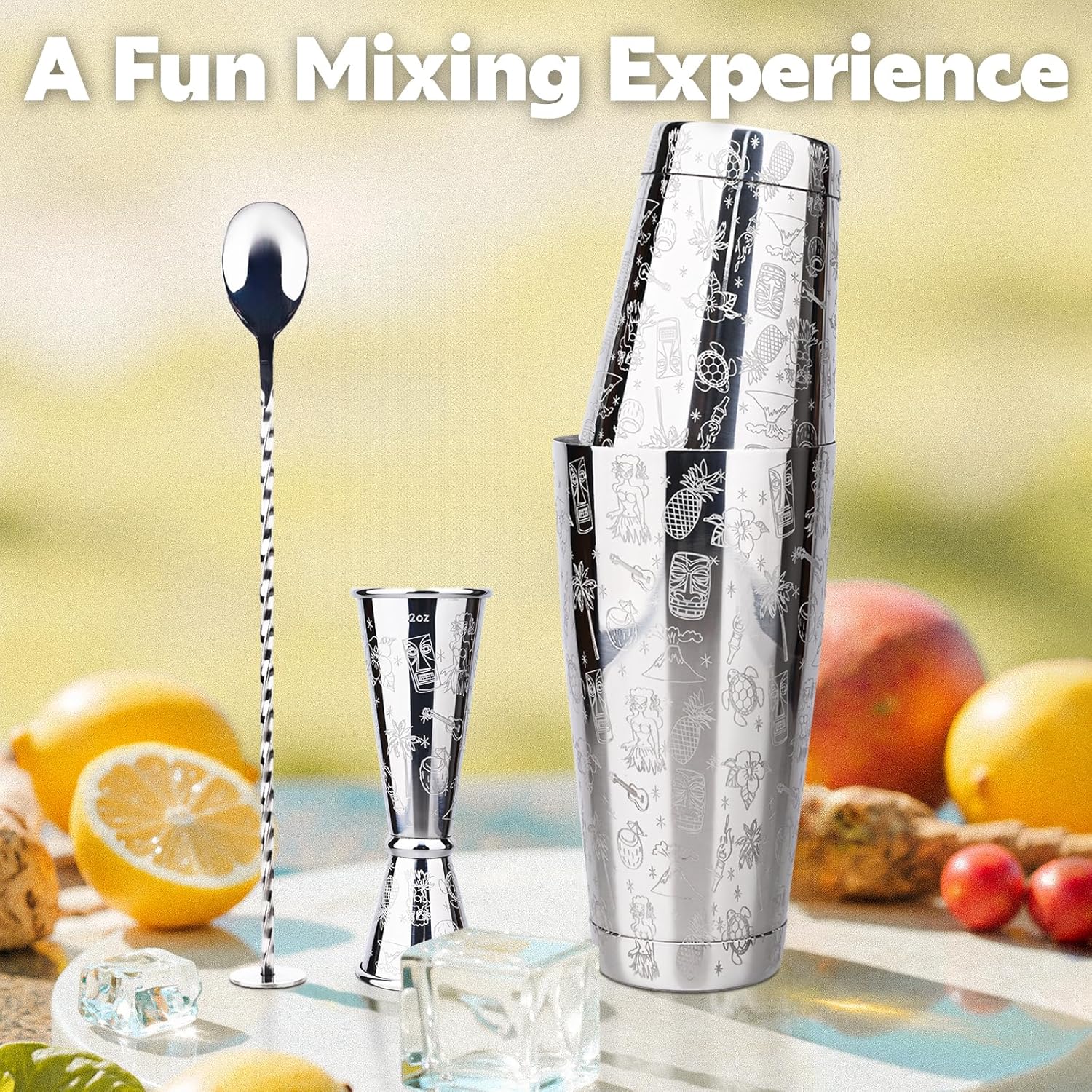 Boston Cocktail Shaker Set, Bartender Kit 3-Piece with Jigger, Mixing Spoon, Etched Design Stainless Steel Professional Bar Home Mixology Tool Kit, 17/24oz Sliver Bartending Set