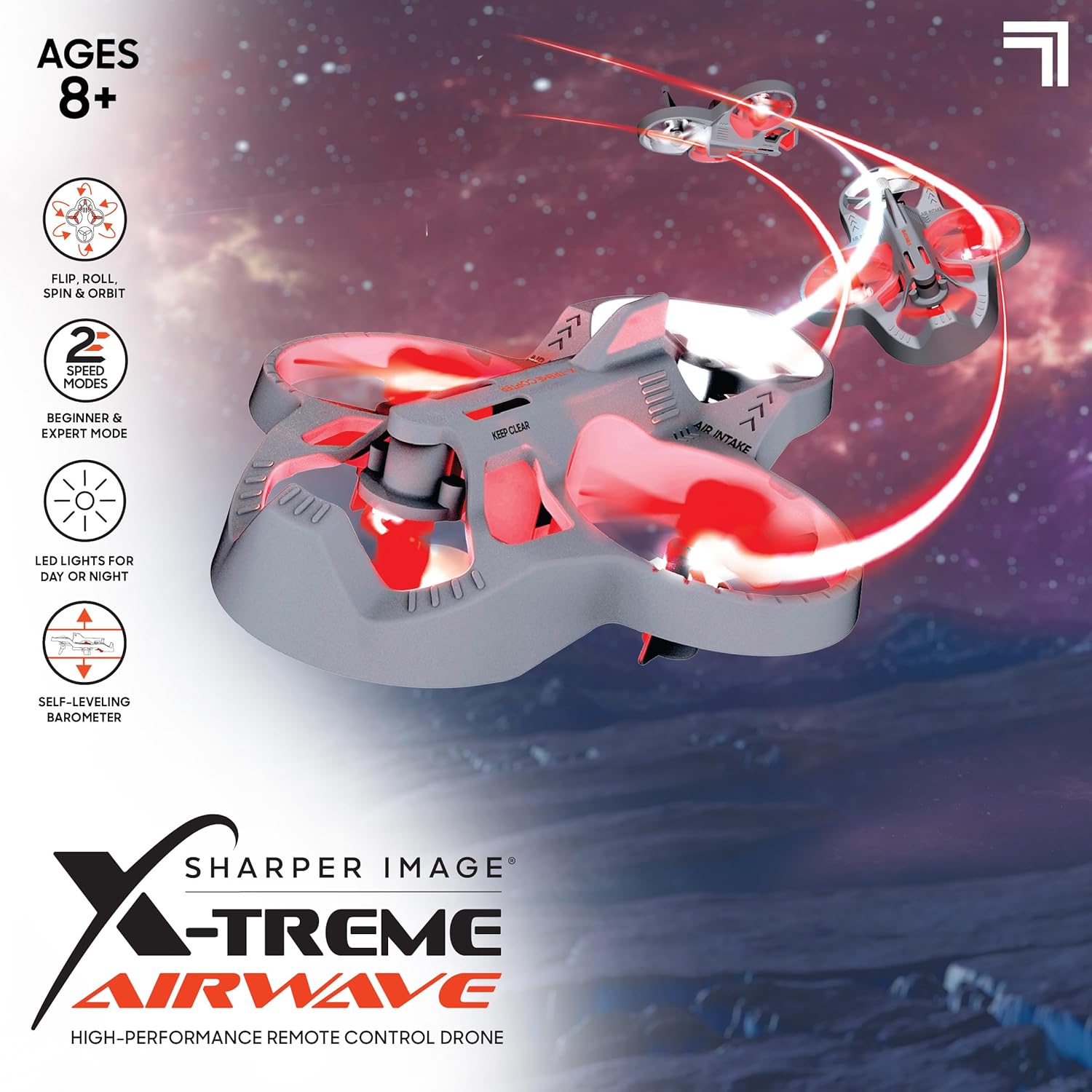 Image highlighting the features of the Sharper Image X-Treme Airwave drone, including age recommendation, stunt capabilities, speed modes, LED lights, and self-leveling barometer.