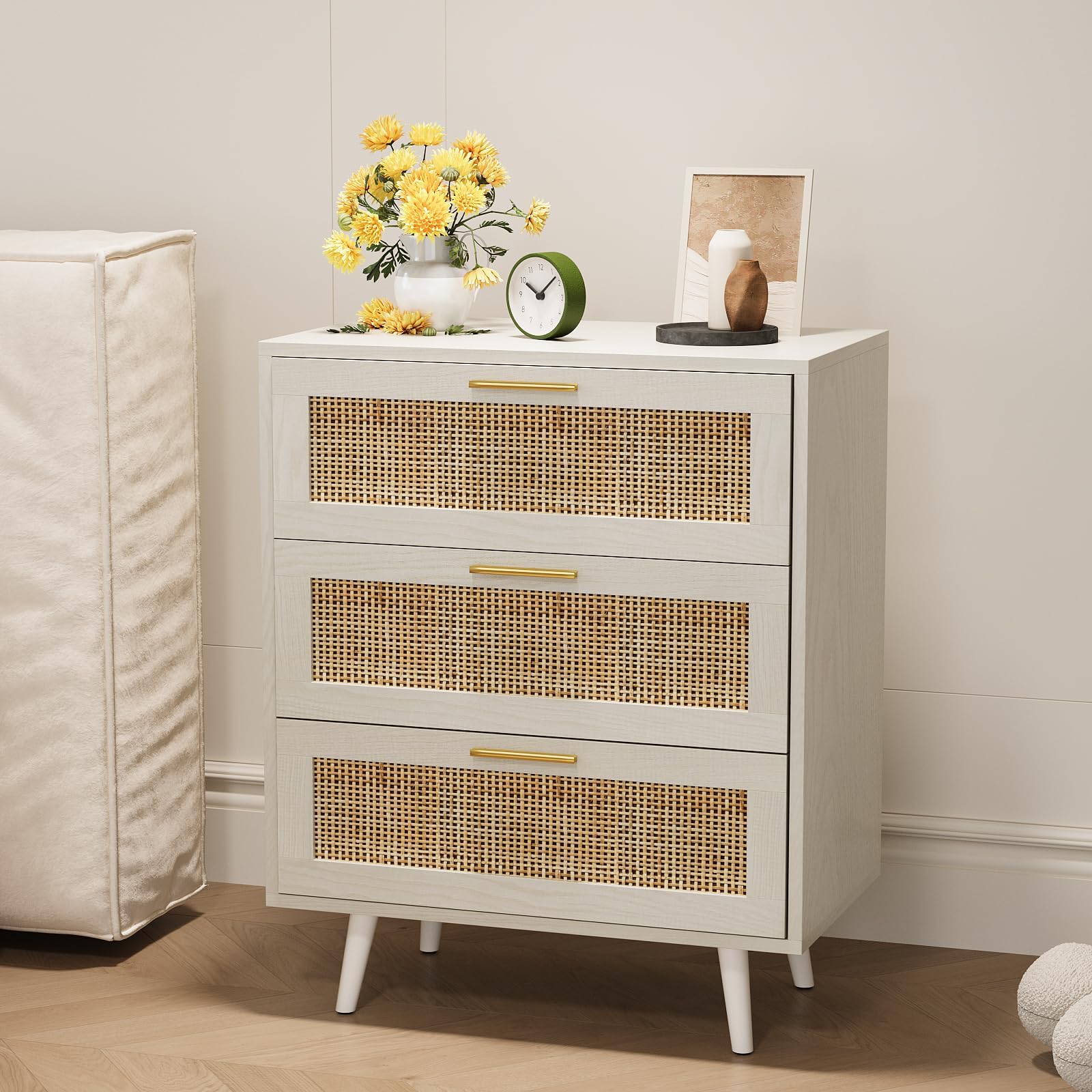 Rattan Night Stand Boho End Table with 3 Storage Drawer Wooden Bedside Tables Bed Side Table Accent Tables for Bedroom Small Space (White Cream Oak)