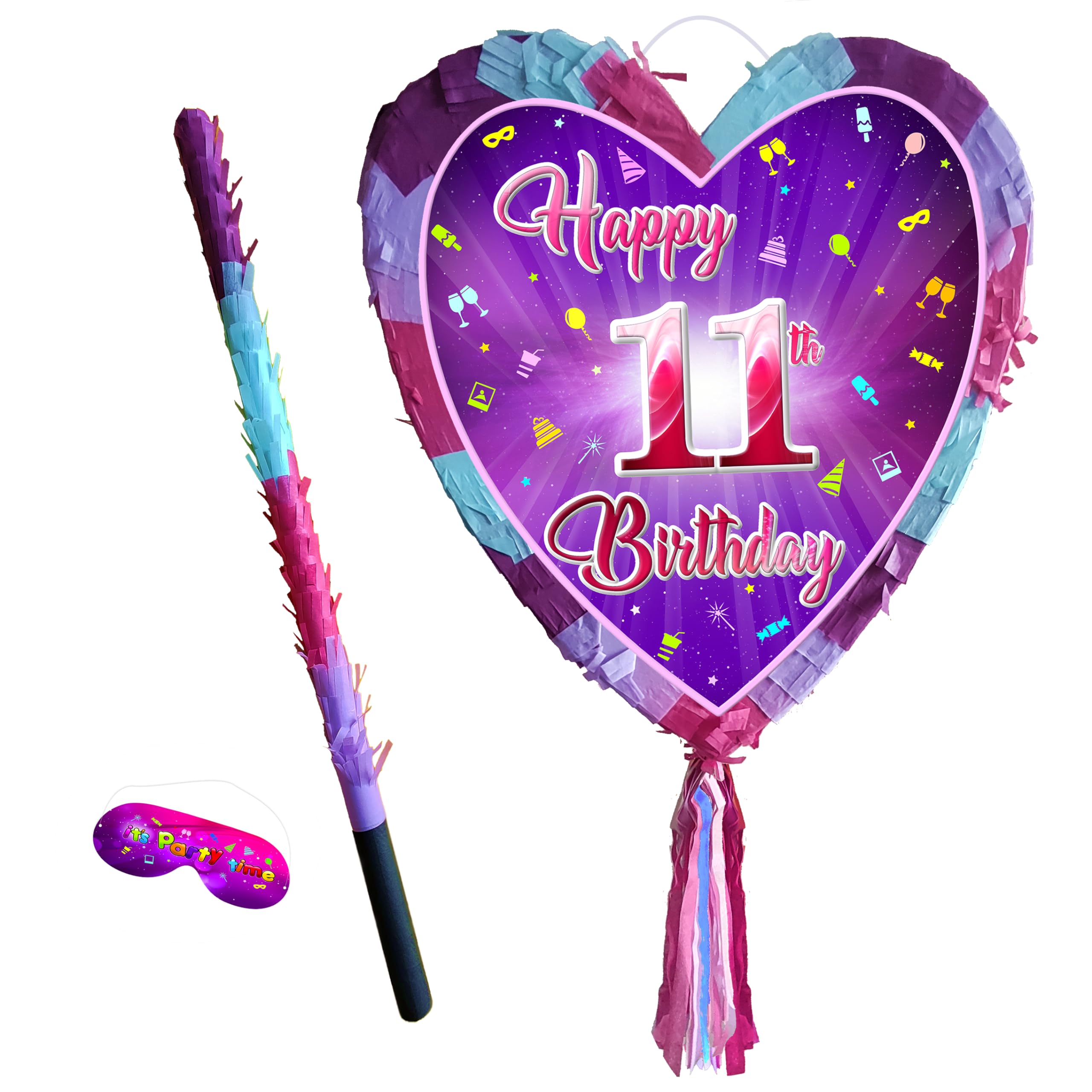 11th birthday pinata with stick - Girls Eleven party smashing game - Big 41cm x 38cm, Pink, Purple, Sky Blue - Image 5