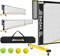 BAGAIL Portable Pickleball Net Set with Wheels: 22FT USAPA Regulation & 11FT Half Court, Ball Collector, 4 Balls, Carry Bag - Easy Driveway Setup