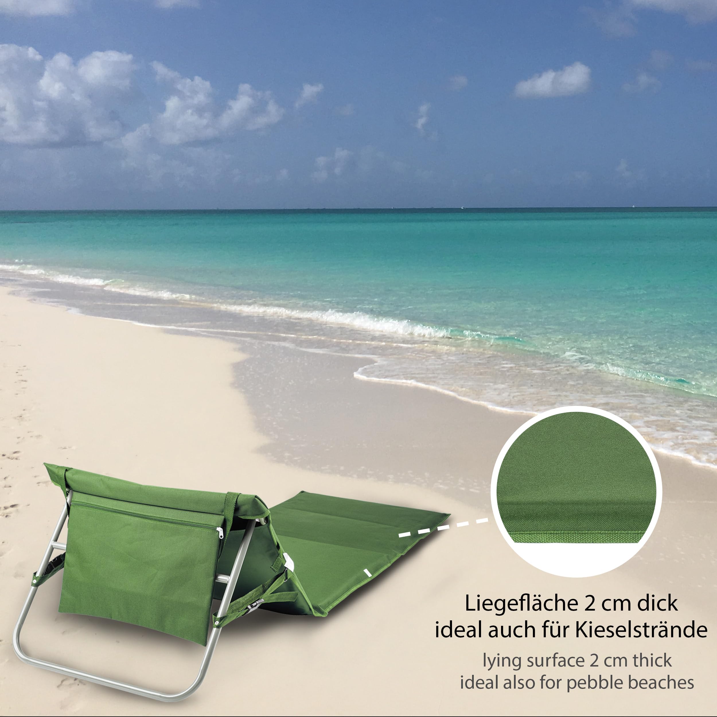 ONVAYA Tapis de plage de qualité supérieure kaki 2 cm rembourré avec dossier | Chaise longue de plage pliable | Matelas de plage bleu foncé | Tapis de soleil avec sangle de transport | 161 x 55 x 45