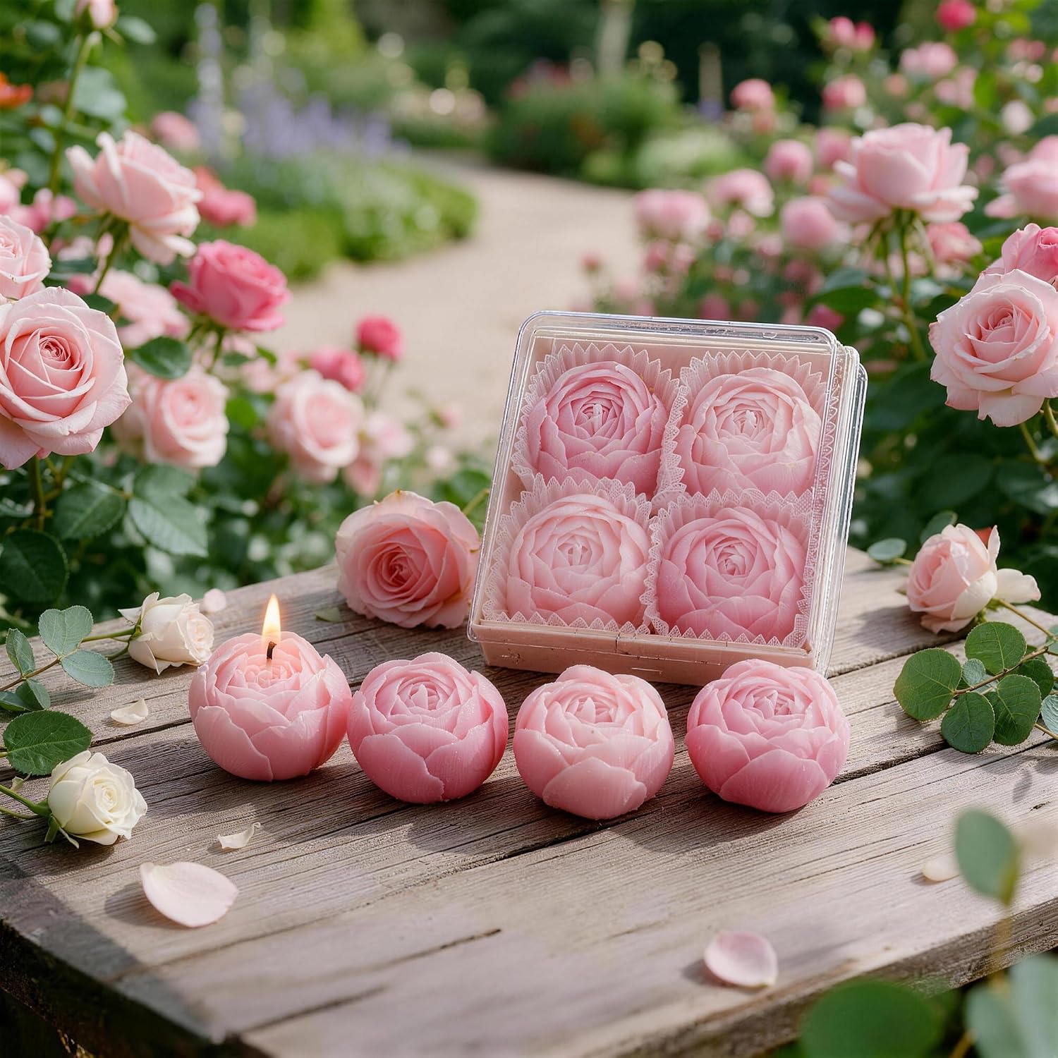 Pink Rose Scented Candles 4 Pack,Mini Flower Soy Wax, Peach Oolong