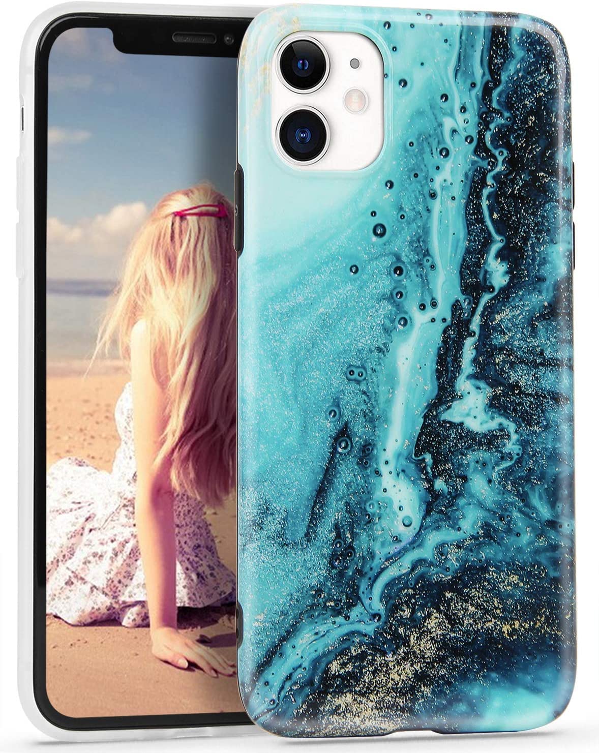 Photo 1 of allENcase Compatible with iPhone 12/12 Pro Case [Marble Ocean] [Gold Sparkle Glitter] Slim Shockproof Case Covers for iPhone (iPhone 12/12 Pro)