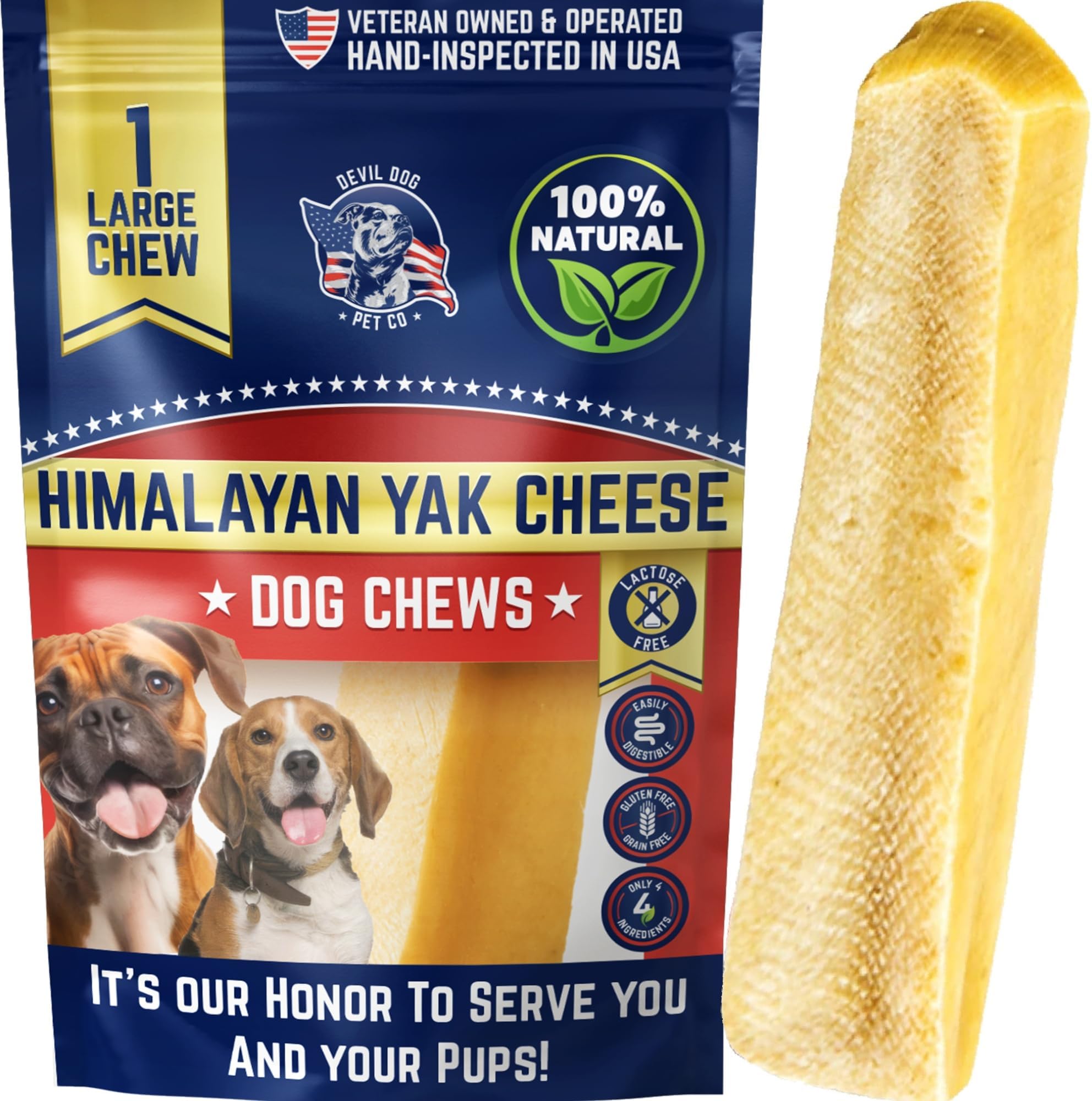 Devil Dog Pet Co. Himalayan Yak Cheese Dog Chews for Medium to Large Breeds & Aggressive Chewers - Long Lasting, Rawhide Free, High Protein - Cleaner Teeth, Anxiety & Boredom Relief - Large