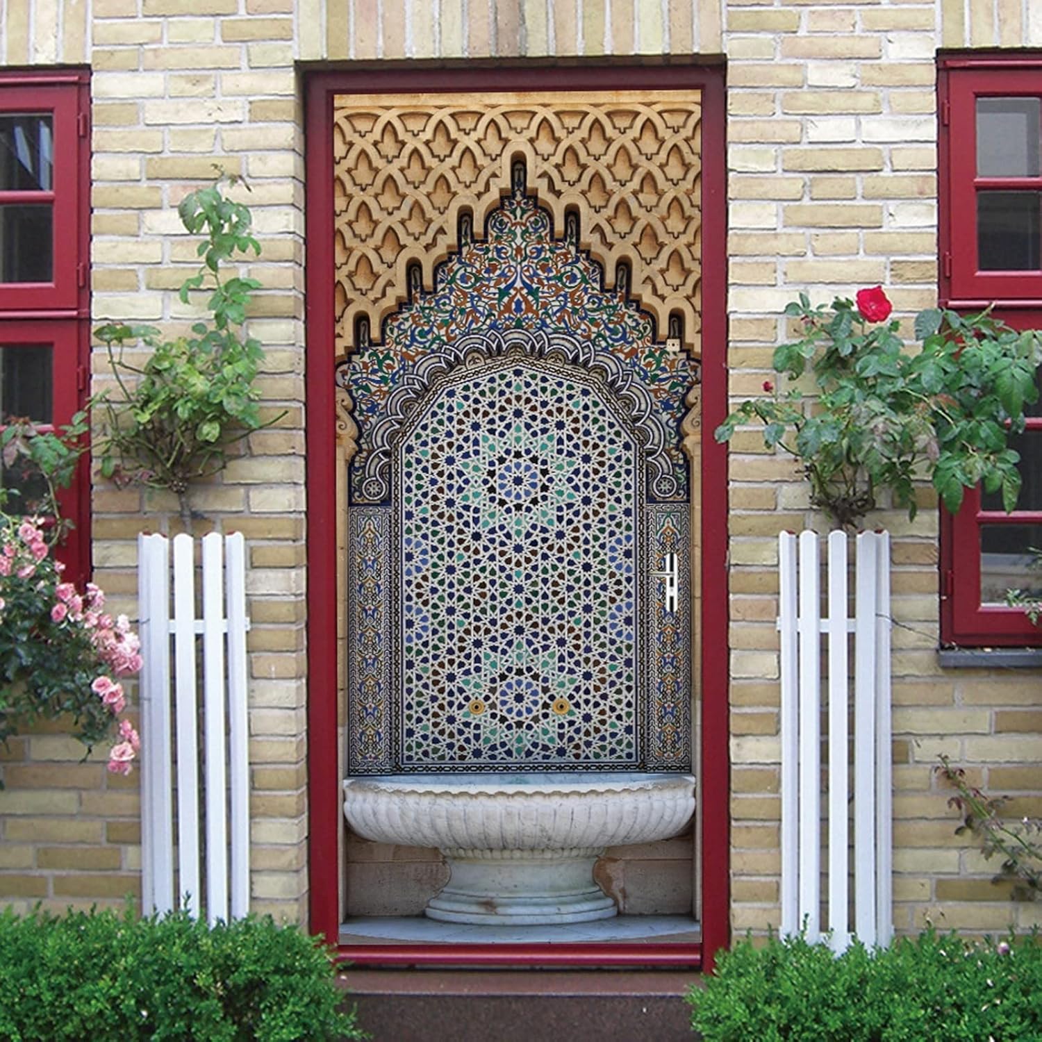 A.Monamour 3D Door Stickers for Interior Doors Moroccan Style Ancient Water Fountain with Colorful Mosaic Tiles Vinyl Removable Self Adhesive Door Poster Wallpaper Mural Decals for Bedroom 95 x 215 cm