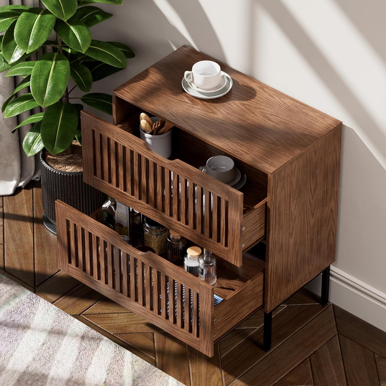 BVIUNTWO Farmhouse Buffet Cabinet with its drawers open, revealing stored kitchen items.