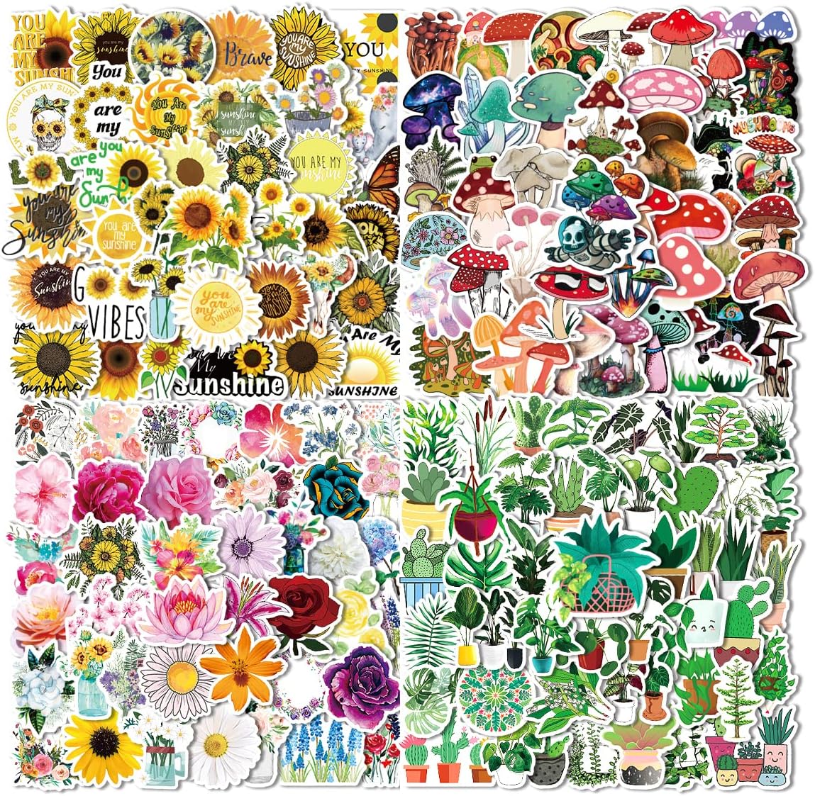 200 Pcs Flower, Sunflower, Green Leaf, Mushroom Stickers Pack - Waterproof Vinyl for Water Bottle, Laptop, Phone, Skateboard - VSCO Stickers for Adults, Girls and Kids