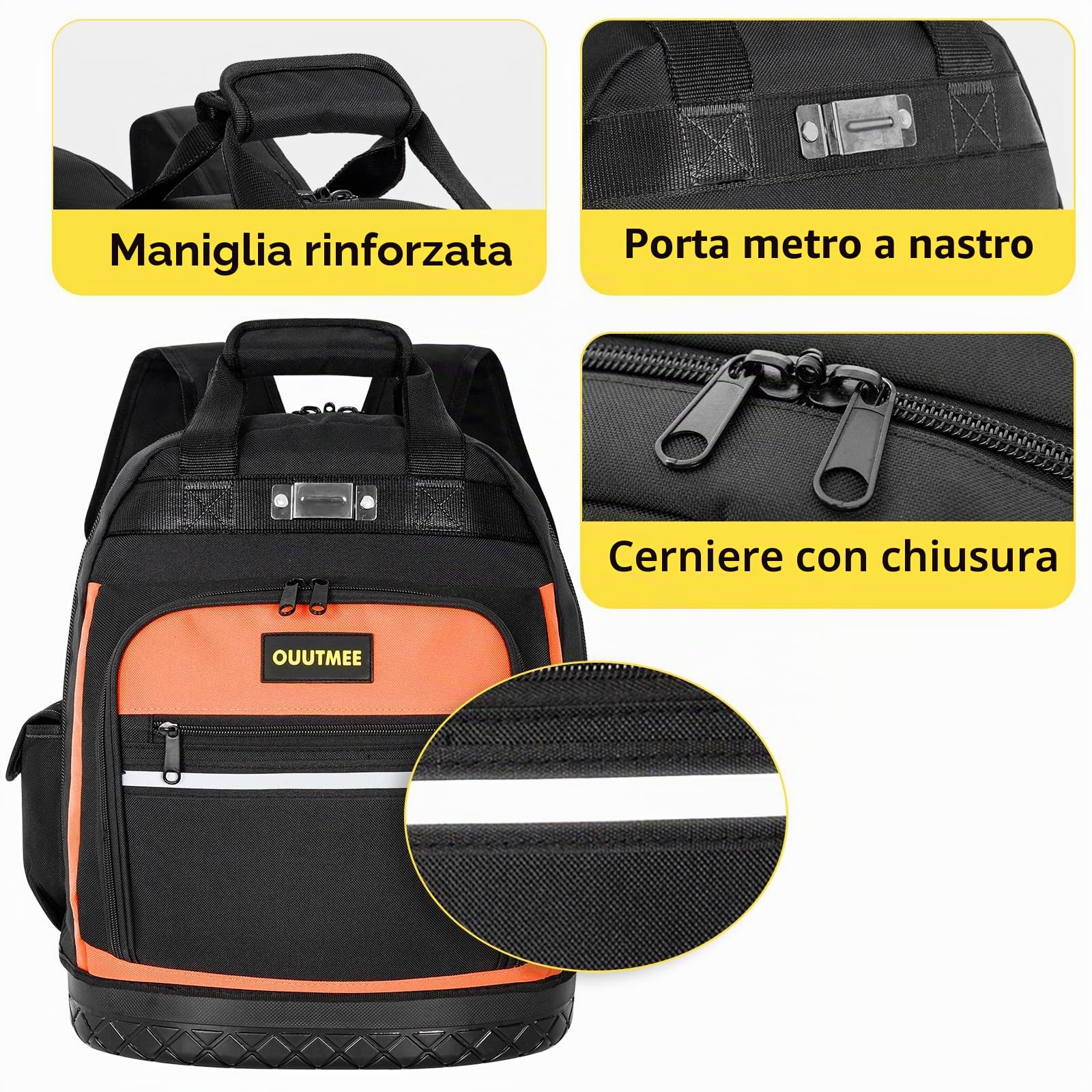 OUUTMEE Zaino per attrezzi con base in gomma ABS, borsa per attrezzi robusta con tasche multiple, borse portautensili con tracolla e cinghia in vita per elettricisti e costruzione (arancione)