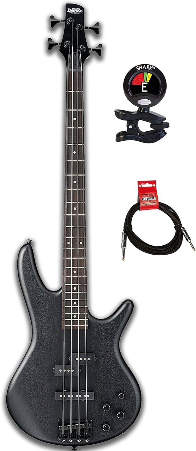 Amazon.com: Ibanez Gio gsr200 4 cuerdas Bajo eléctrico guitarra paquete con  afinador de guitarra y cable de instrumento con totalmente ajustable puente  y ecualizador Phat II EQ, Negro desgastado : Instrumentos Musicales