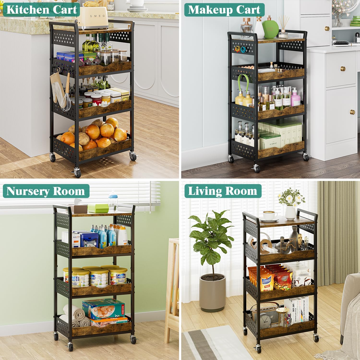 Giwil 4-Tier Rolling Storage Cart, Small Coffee Bar Crafts Makeup Cart with Wooden Top Snack Organizer for Pantry, Utility Kitchen Cart On Wheels for Onions Potatoes, Black