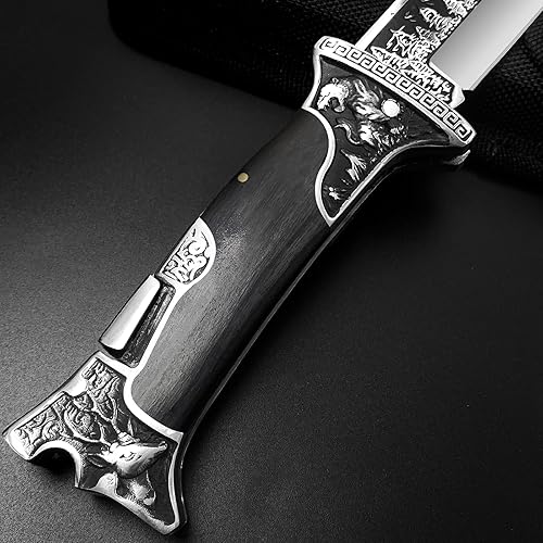 Miniatura 4 de AULAKNIV Cuchillo de caza semiplegable de hoja grande, navajas tácticas de supervivencia para acampar con mango de madera, funda de nailon, regalos