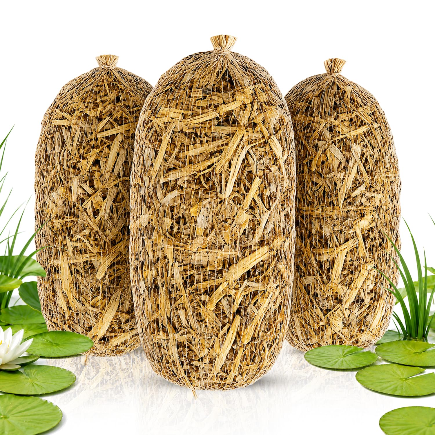 3 Barley Straw Pond Treatment Logs – Natural Algae Control for Clear Pond Water – Easy Use Straw Safe for Fish Ponds, Garden Ponds & Wildlife Habitats