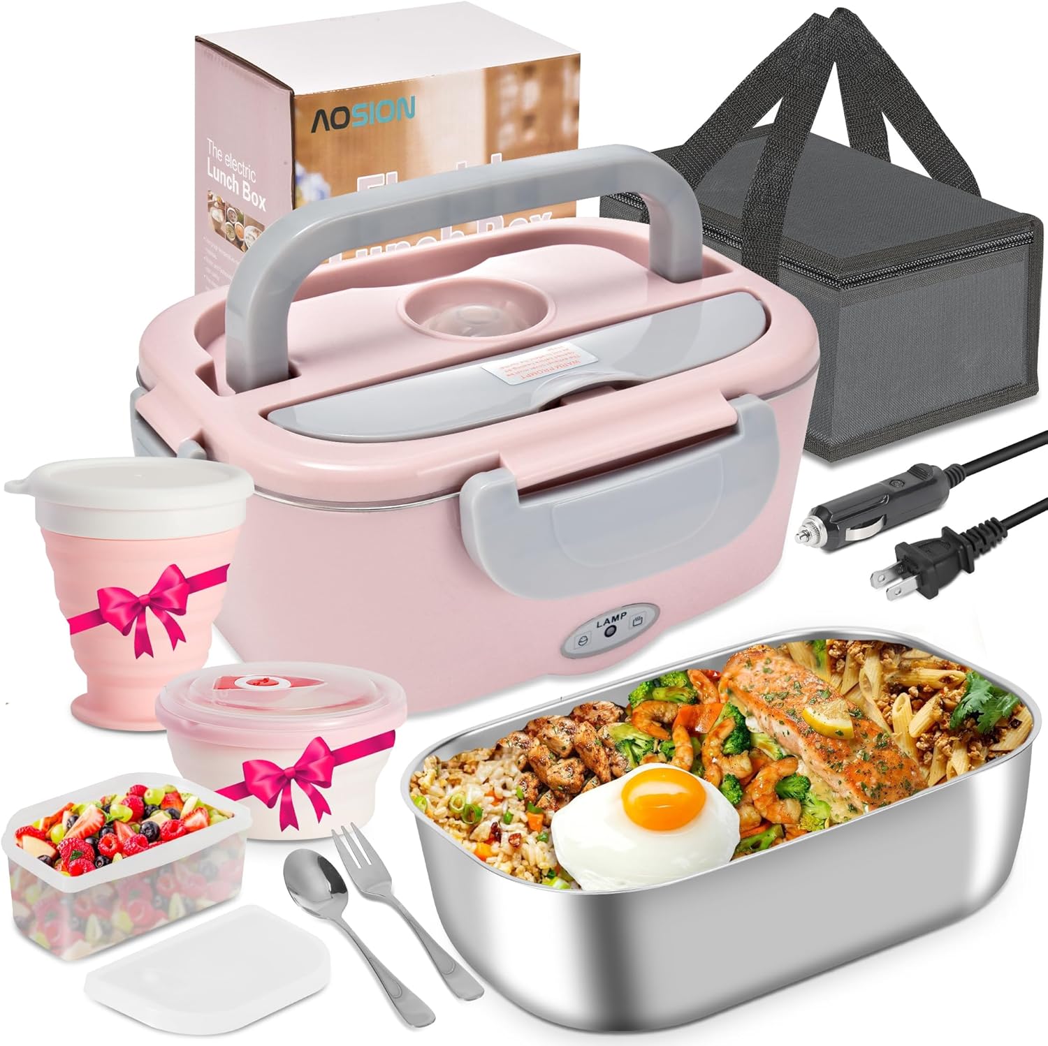 AOSION Electric Lunch Box for Adults, Heated Lunch Box 3-IN-1 80W Self Portable Food Warmer for Car/Truck/Office, Upgraded Lunch Box Leak-Proof Stainless Steel Container, Gifts for Women (Pink)