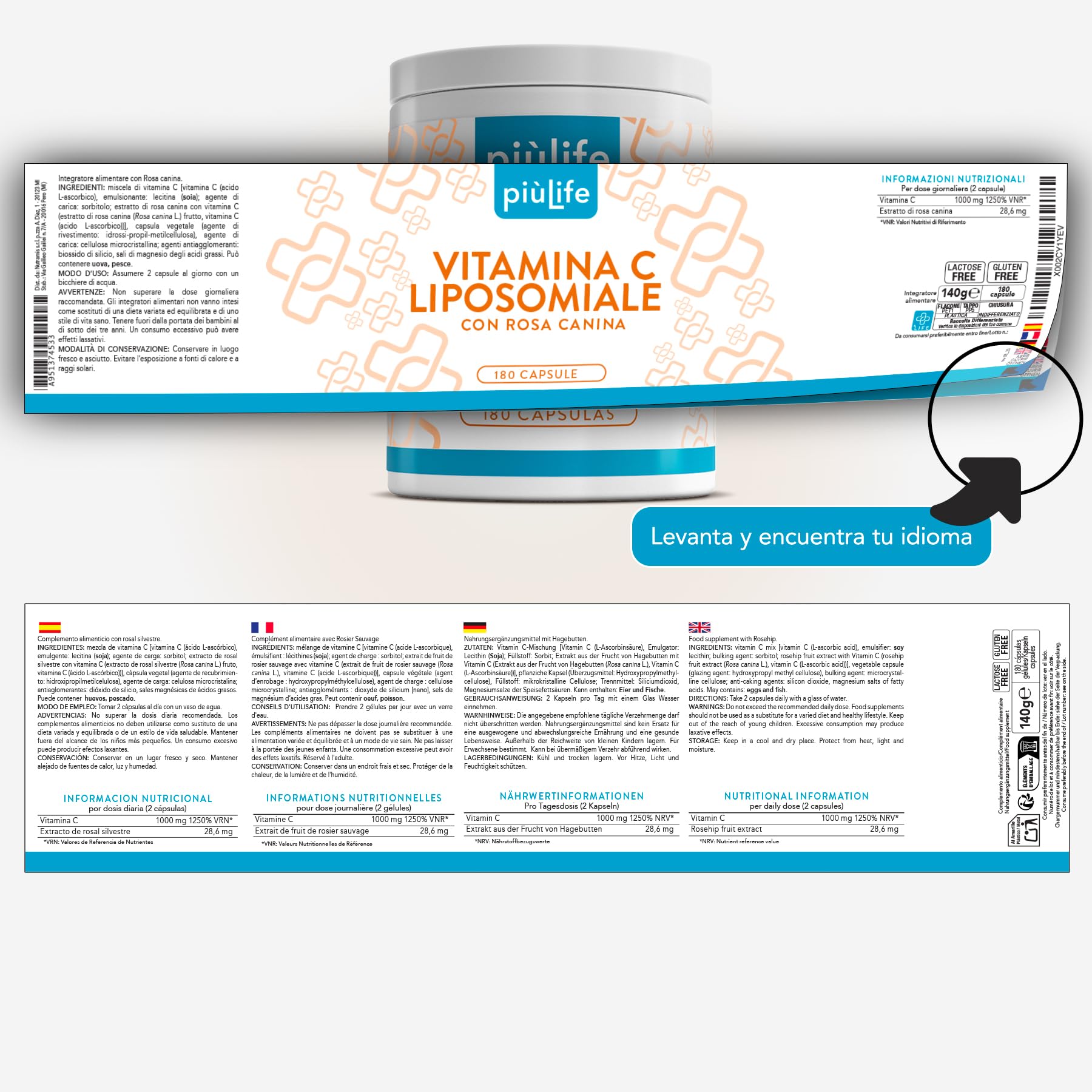 Vitamina C Liposomal 1000mg Con Rosa Mosqueta PiùLife, 360 Cápsulas | 6 Meses De Suministro, Suplemento Para Reforzar El Sistema Inmunológico, Energía, Alta Absorción Y Tolerancia