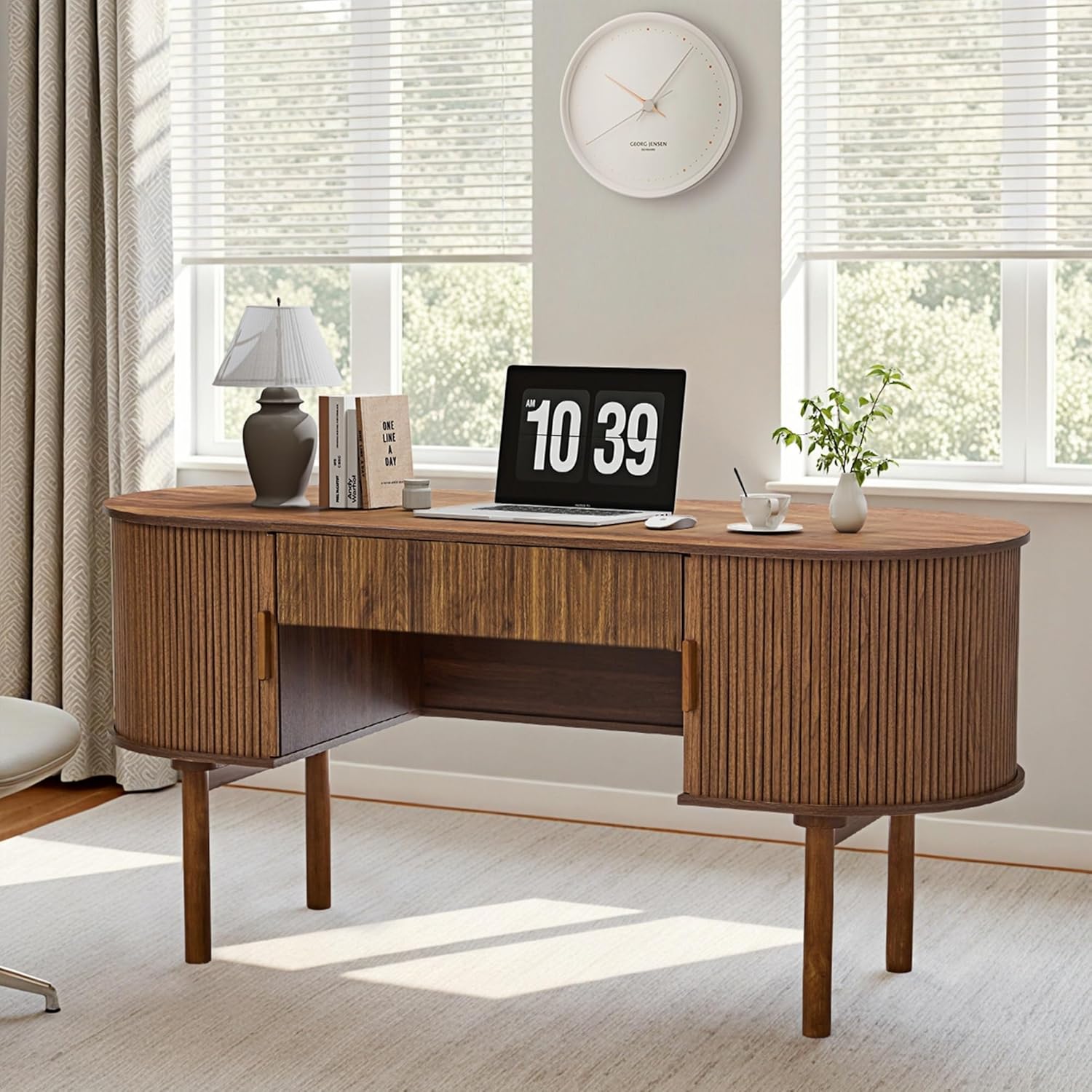 Executive Office Desk with Storage, 63 Inch Large Computer Workstation Desk with Drawer and File Cabinets, Mid Century Modern Fluted Wood Writing Desk for Home Office, Study Room, Living Room, Walnut