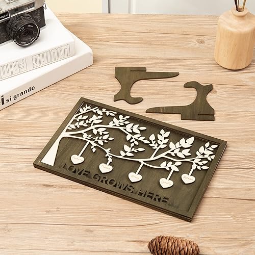 Vista 116 de Árbol genealógico con etiqueta de corazón, placas de madera grabadas personalizadas, regalos personalizados para madres, padres, escritorio, nombres