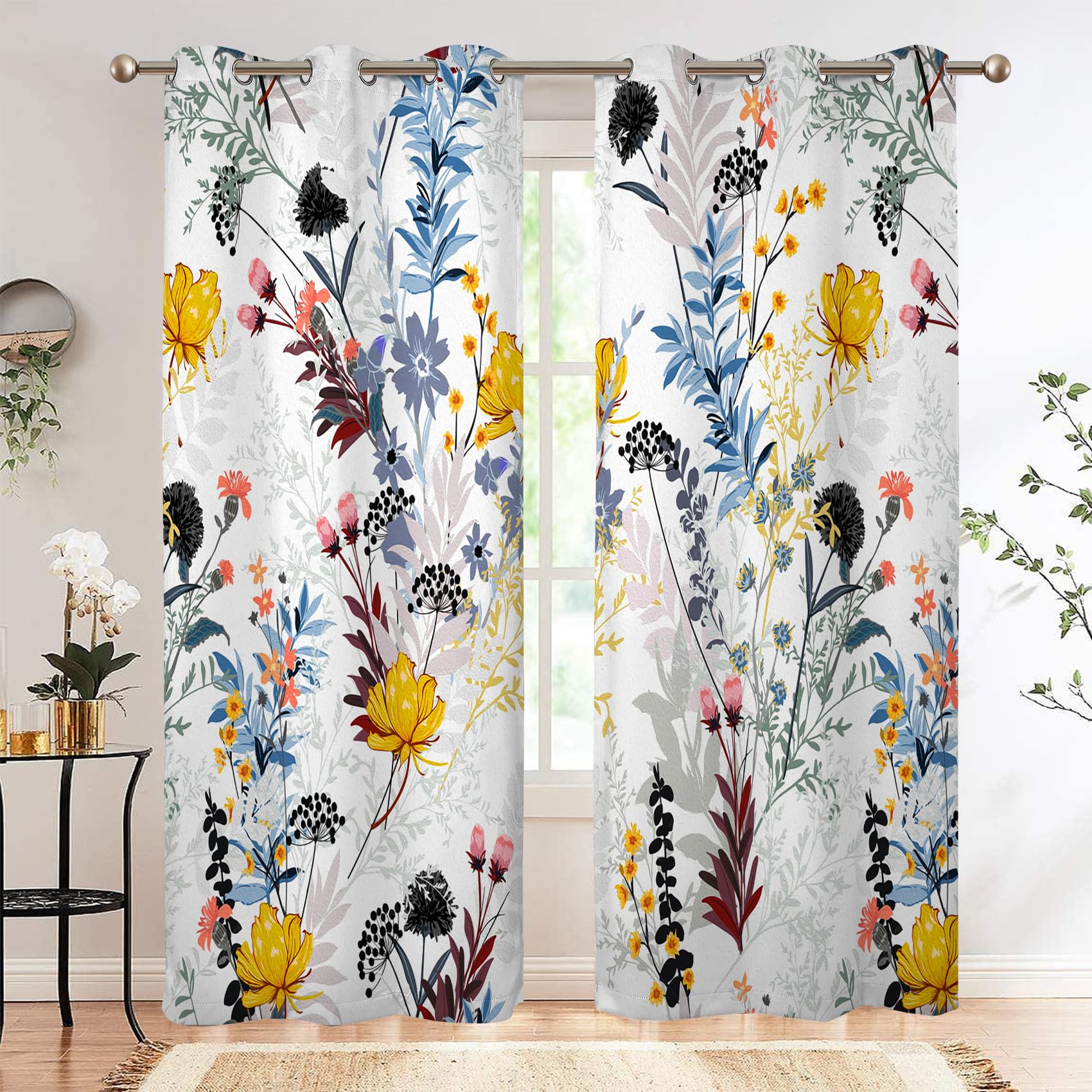 Renaiss Botanical Plants Blackout Curtains, Wild Flowers Plants Print Thermal Insulated Bedroom Window Curtains, Boho Floral Window Drapes for Living