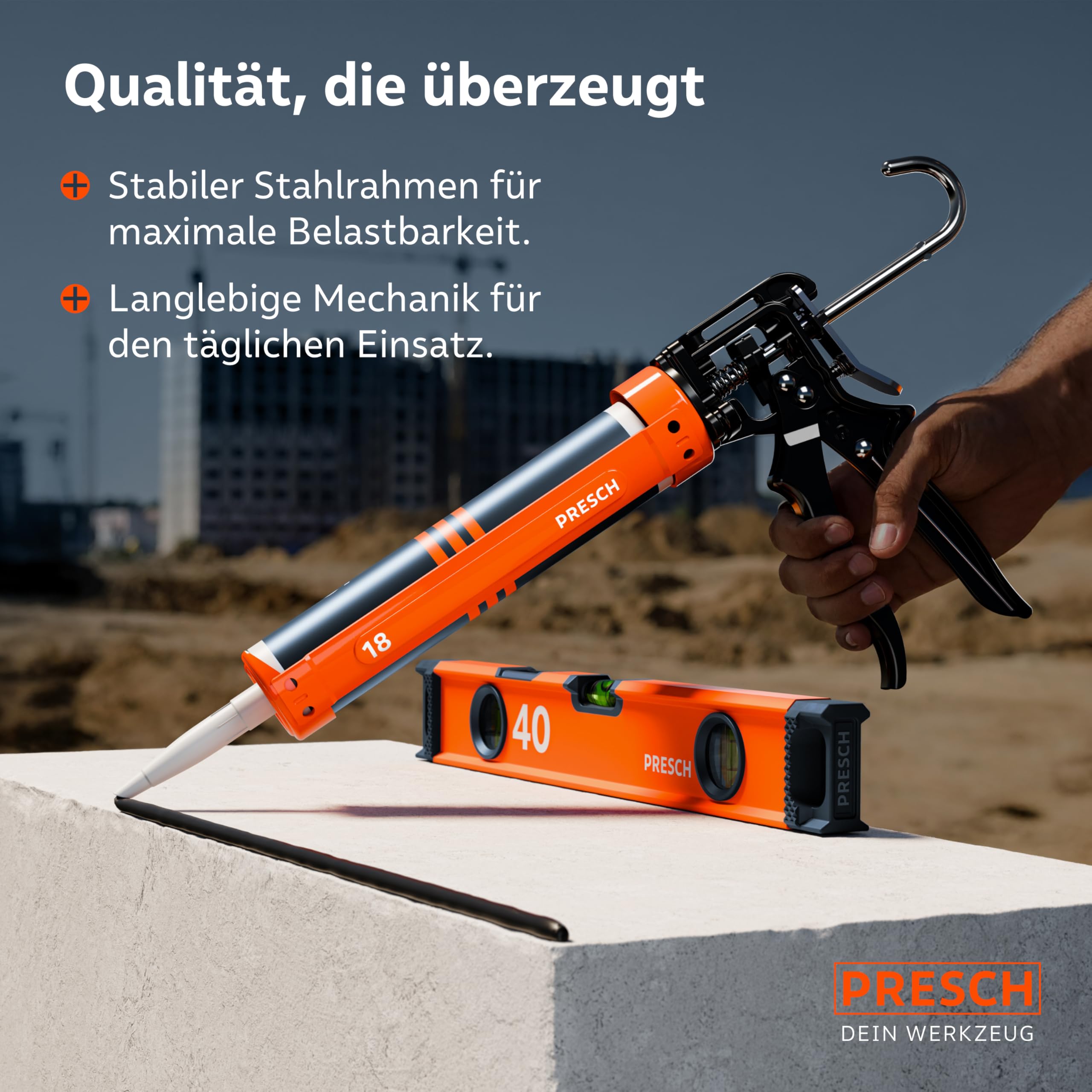 Presch Kartuschenpresse 18:1 Übersetzung & Nachlaufstopp - Silikonspritze für Kartuschen bis 310ml (Mittlere Viskosität, Montagekleber) - Kartuschenpistole 360° drehbar inkl. Einstechwerkzeug