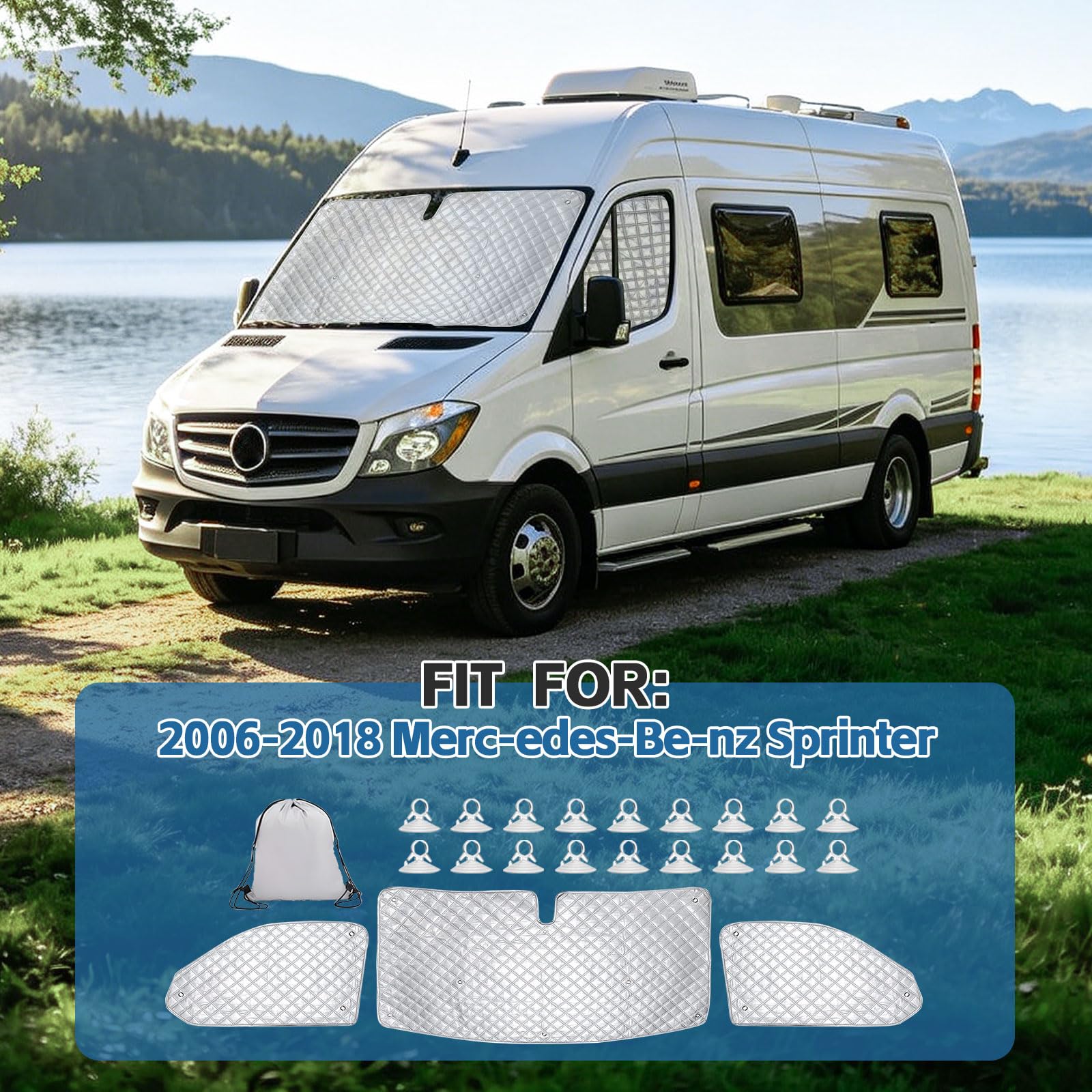 Thermomatte für Mercedes Sprinter 2006-2018, 3-teiliger Sonnenschutz für Windschutzscheibe, Isolierte Front- und Seitenfenster-Sonnenschutzabdeckung mit 18 Saugnäpfen