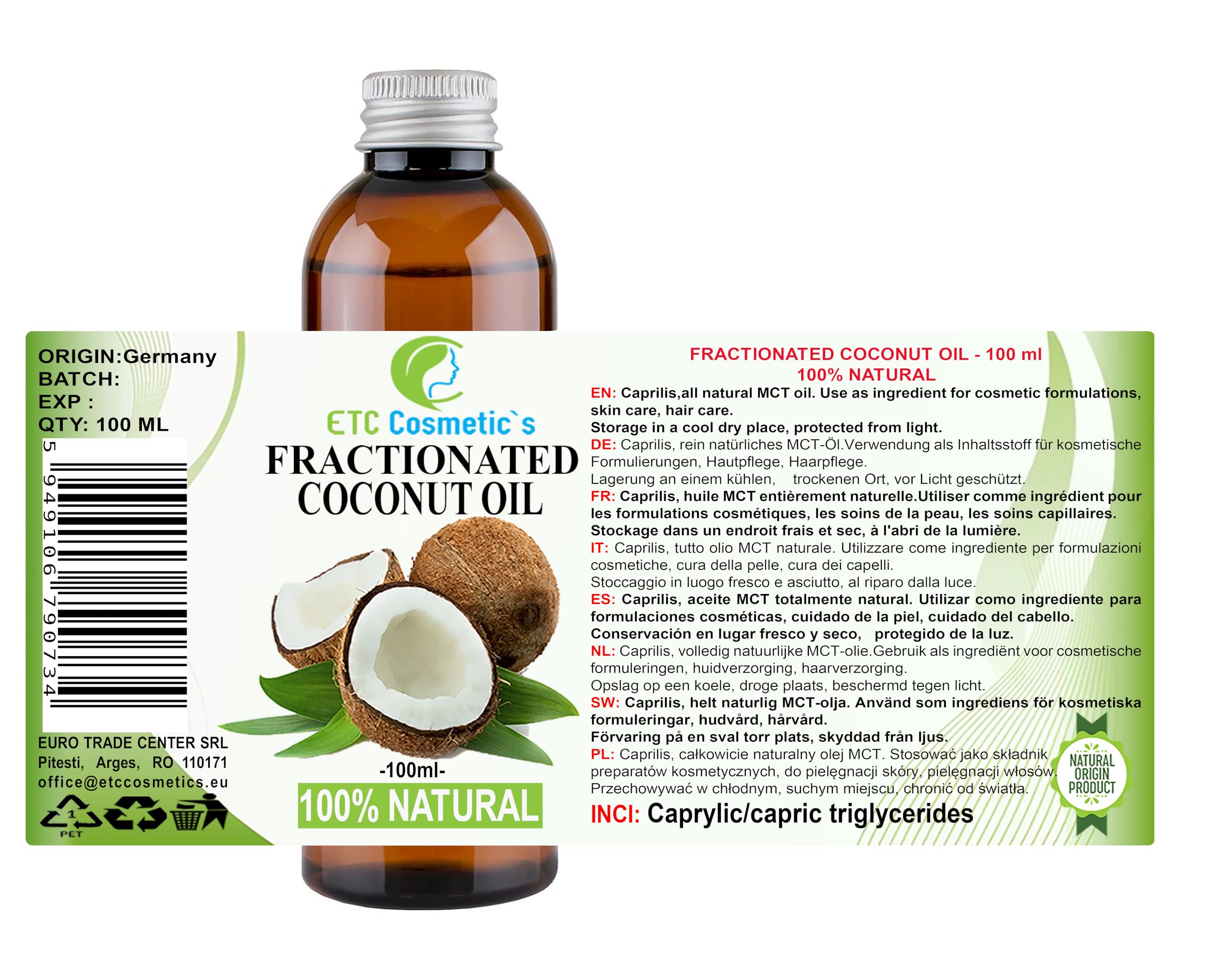 Natural Fractionated Coconut Oil 100ml Puro 100% Natural