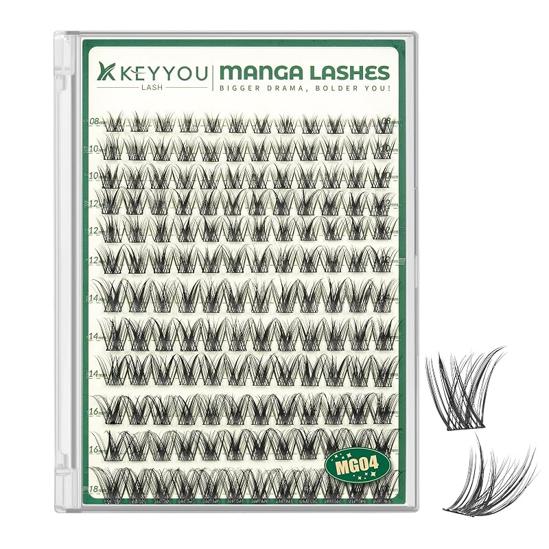 Cílios postiços em tufos KEYYOU estilo mangá 8–18 mm com faixa fina (MG04)