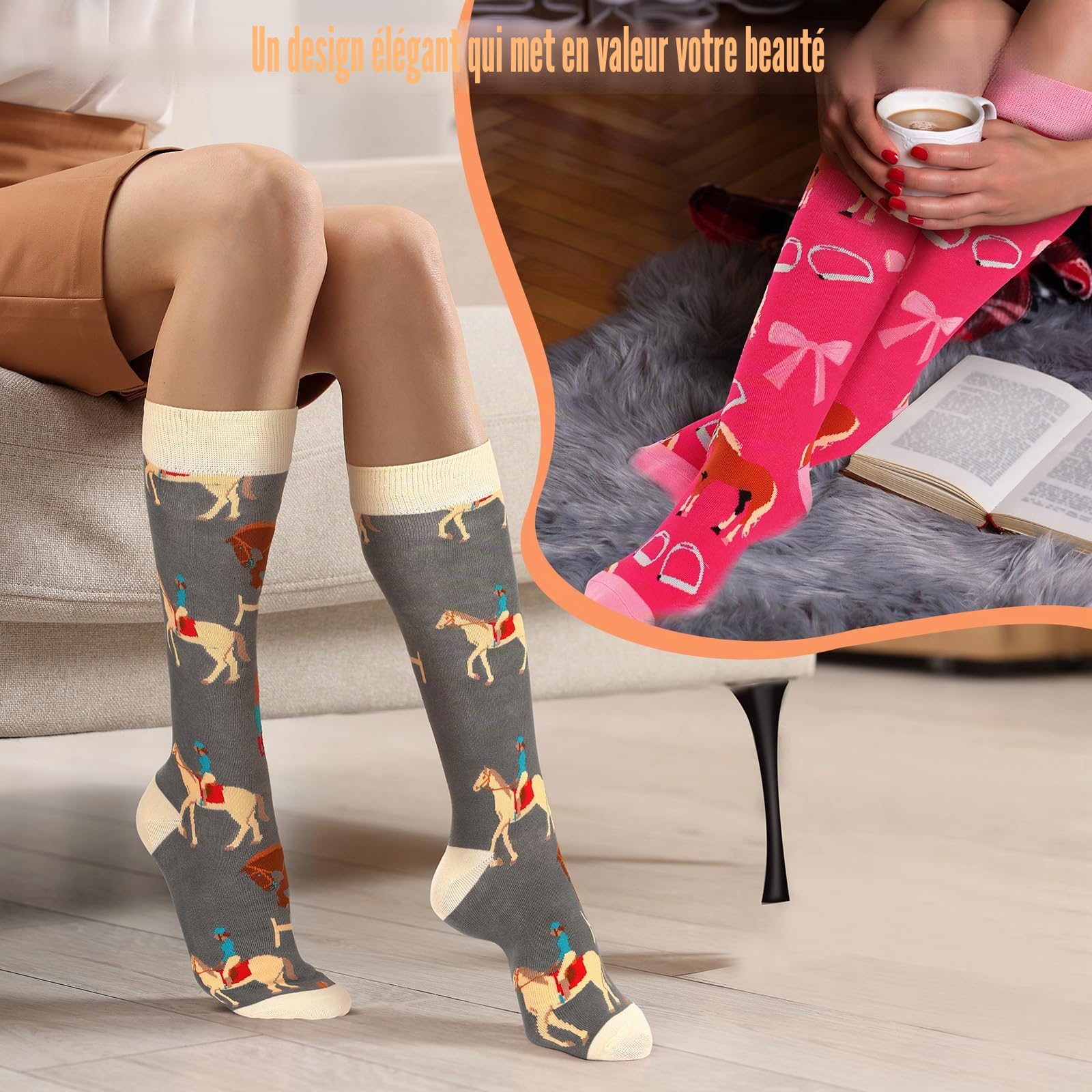 Sintege 5 Paires de Chaussettes d'Équitation pour Femme Chaussettes d'Équitation Longues Mi-Bas Colorés à Motifs Animaliers Cadeau Amusant pour Amoureux des Chevaux et Cavalières
