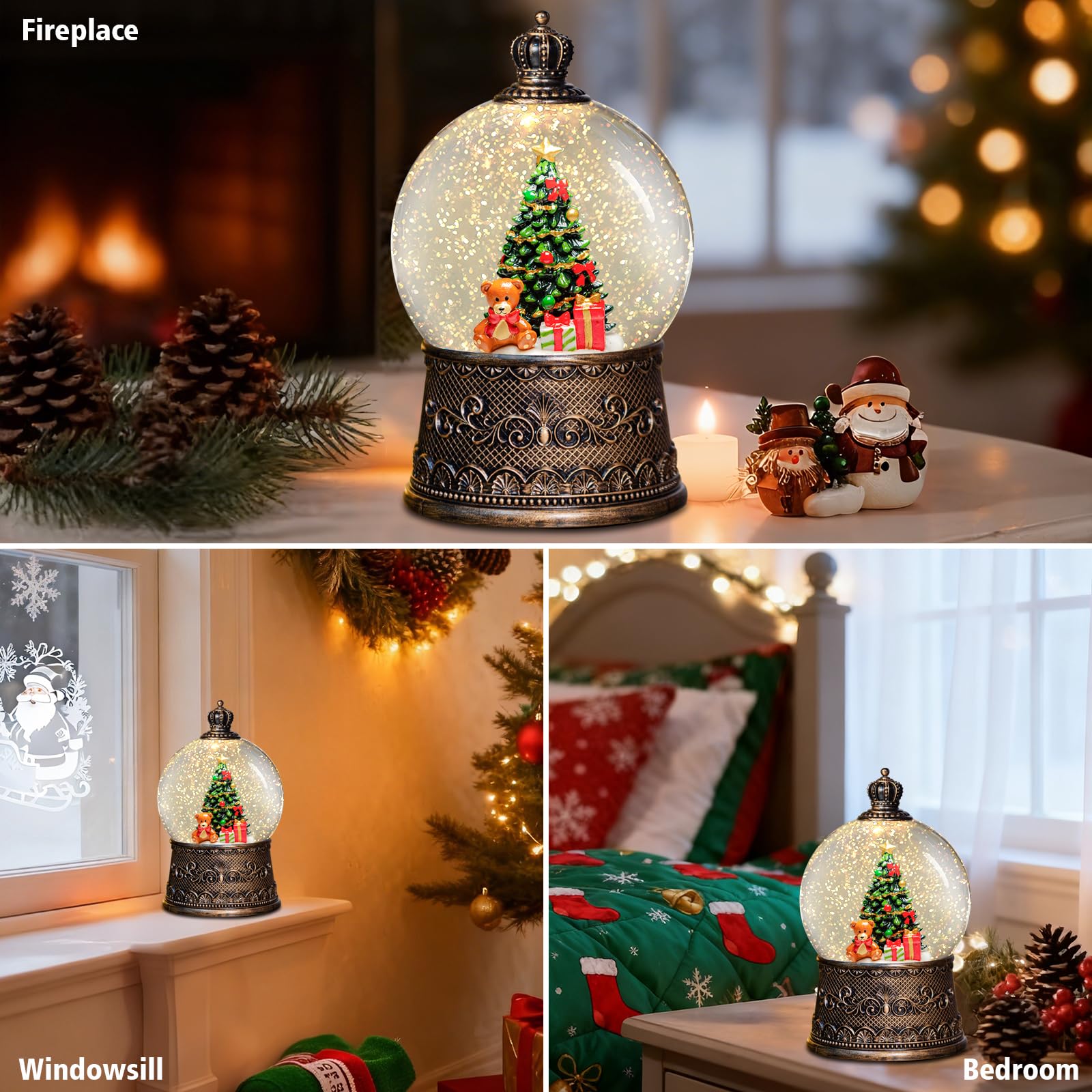 Linterna de globos de nieve de Navidad con música, globos de nieve de árbol de Navidad con efectos de purpurina de remolino de agua, alimentado por USB/batería con temporizador de 6 horas