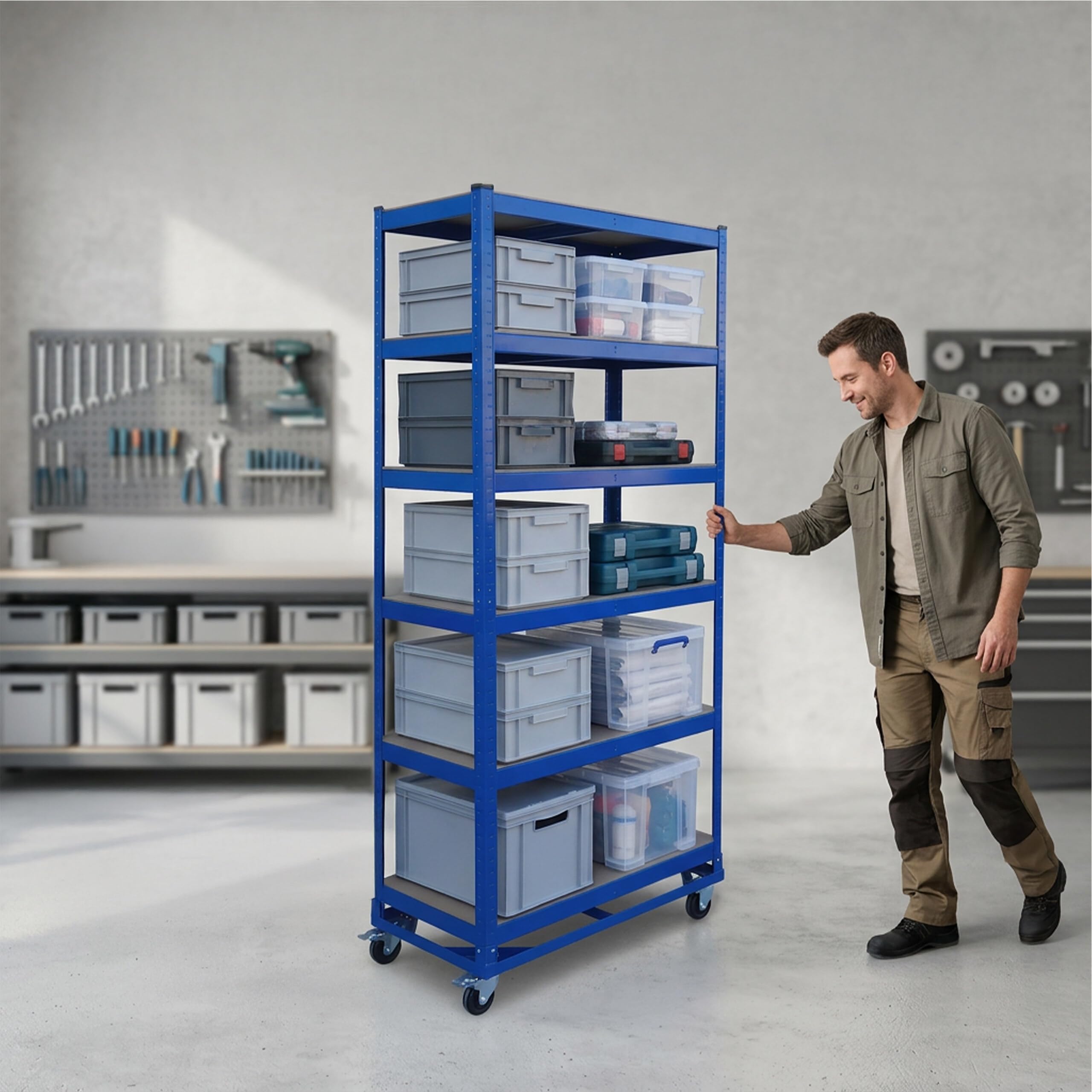 Relaxdays estantería Industrial con Ruedas, 209x90x40 cm, 900 kg, 6 baldas, Acero, Sistema de Montaje, Azul