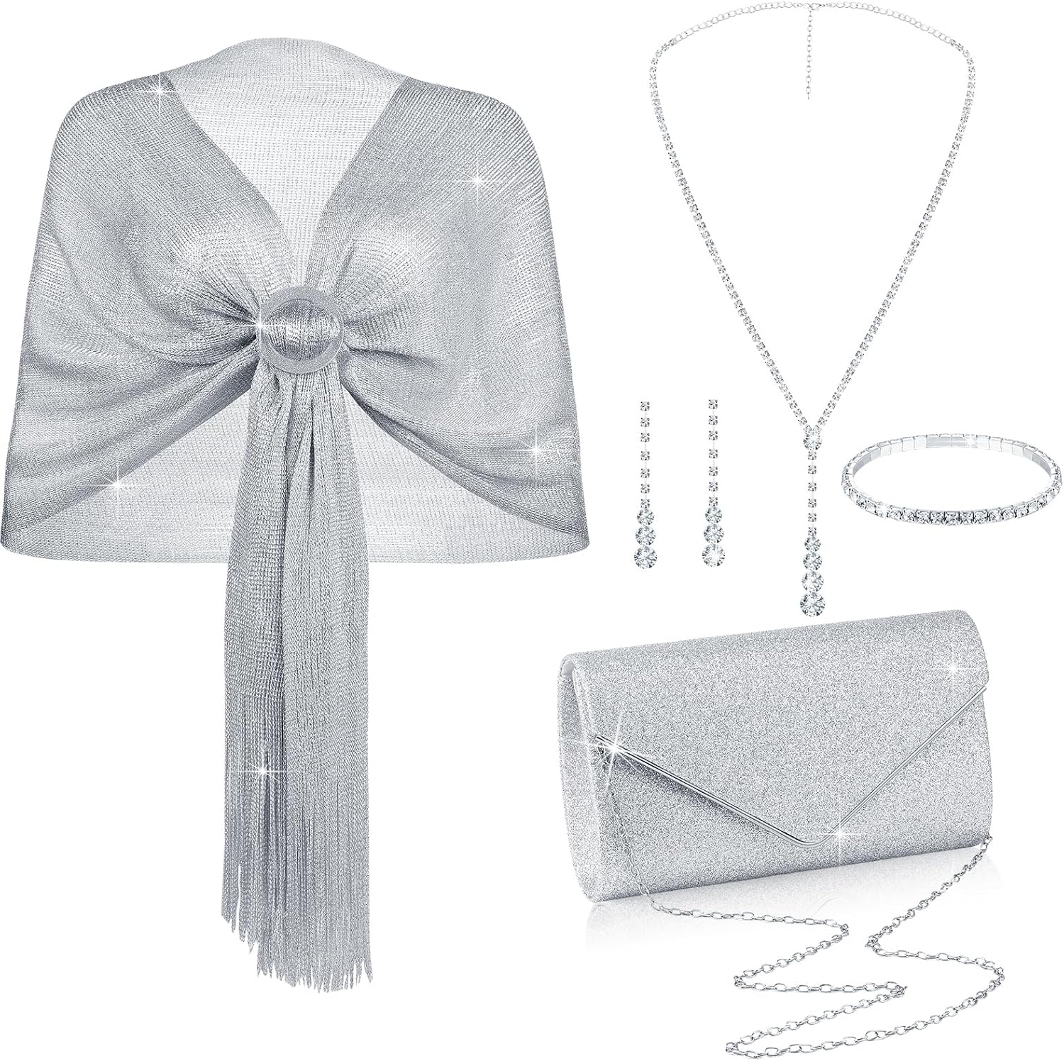 Hicarer 5 Pcs Silver Clutch Purse and Shawl Wraps Jewelry Set for Women Dressy Evening Accessories Formal Set