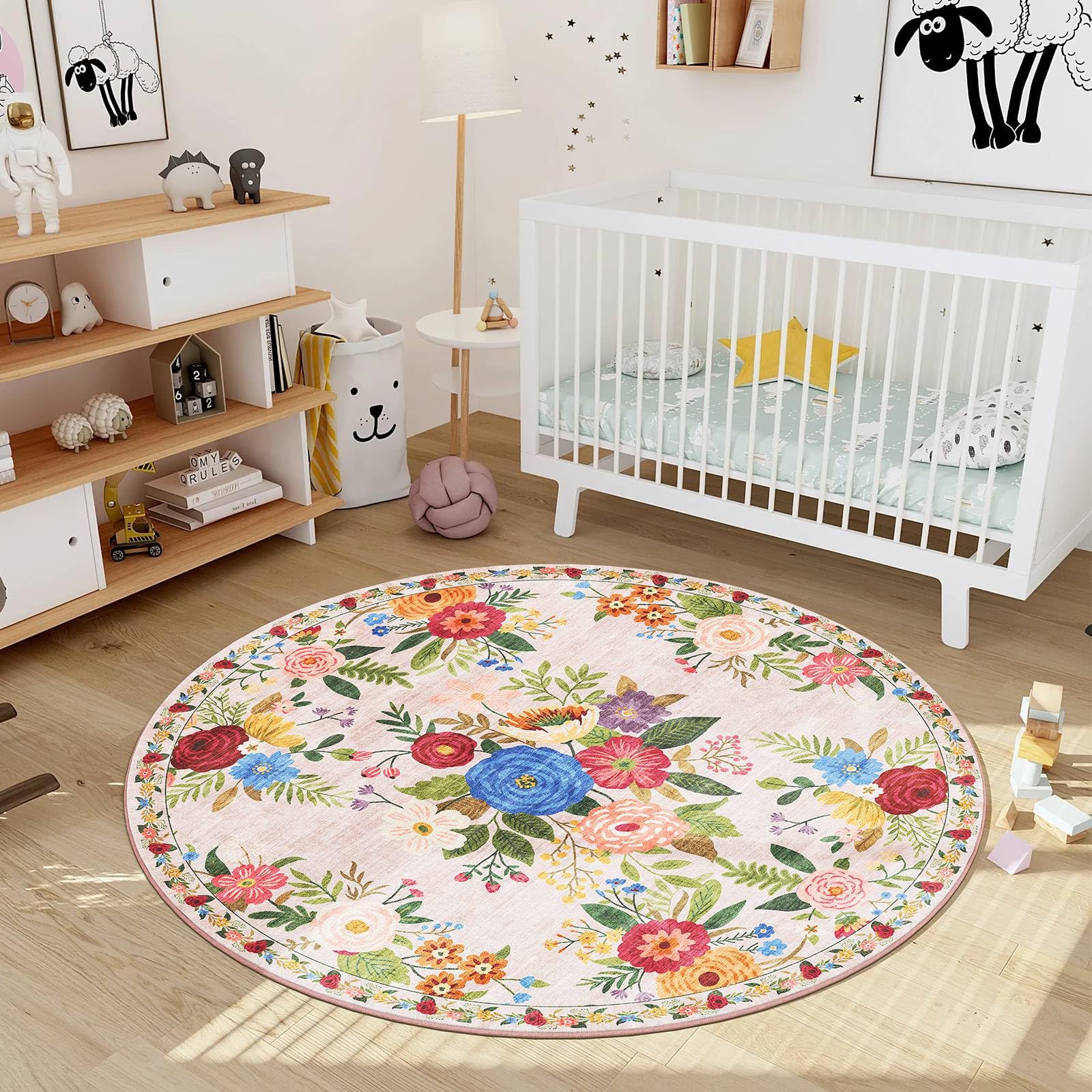 Tapis Rond 120cm Lavable Machine, Moquette Antidérapante Poil Bas Style Boho, Motif Floral Oriental Doux pour Salon, Chambre, Cuisine, Nursery, Bureau