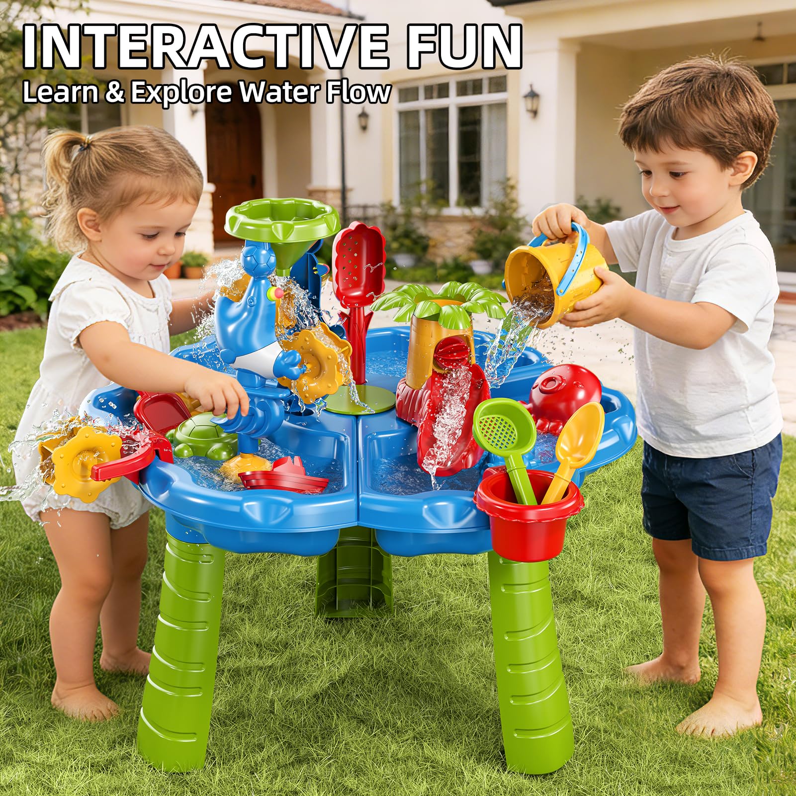 Sand Wasser Tisch für Kleinkinder 1-3, Kinder Outdoor Aktivität Wassertische mit Strand Spaß Sandspielzeug, Sommer draußen Spielzeug Wasser Spielset für Kleinkinder Jungen Mädchen Alter 2 3 4 5 6 7 8