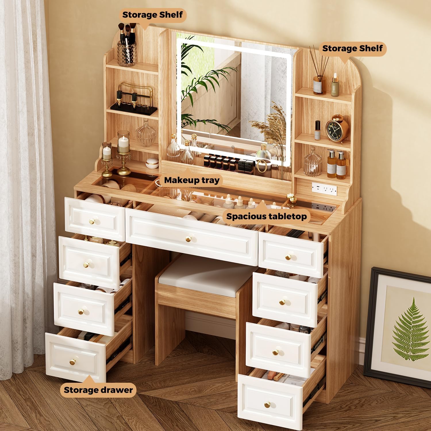 Arulvmrn 43" Makeup Vanity Desk with Mirror and Lights, & Power Outl, Glass Top Big Vanity Table with 9 Drawers& 8 Storage Shelves, Dressing Table Set with Chair for Bedroom, Oak Oak 15.75D*43.31W*57.48H