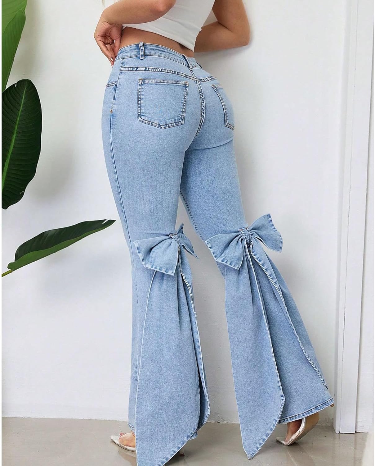 Raboolion Womens Fashion Y2K Bodycon Bell Bottom Jeans High Waist Curvy Stretchy Denim Pants with Bow Tie Design