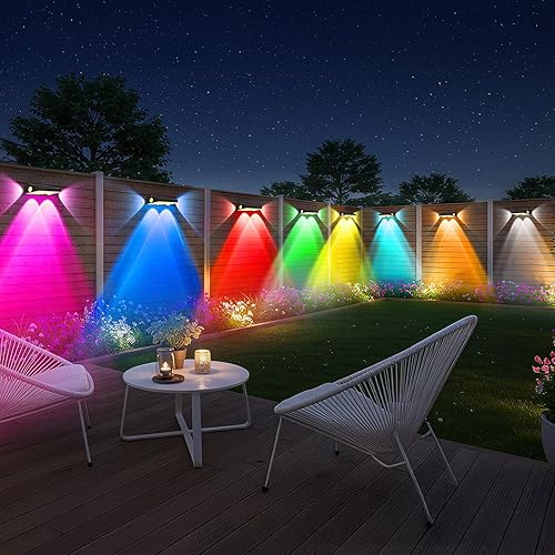 OUTON Paquete de 8 luces solares para valla al aire libre, 10 modos de iluminación RGBCW, luces LED de cubierta, 3 vías 50 lm del atardecer al