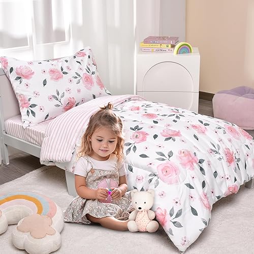 Miniatura 2 de PHF Juego de ropa de cama infantil de 4 piezas, ultra suave, incluye edredón, sábana bajera, sábana encimera y funda de almohada para niñas, cama