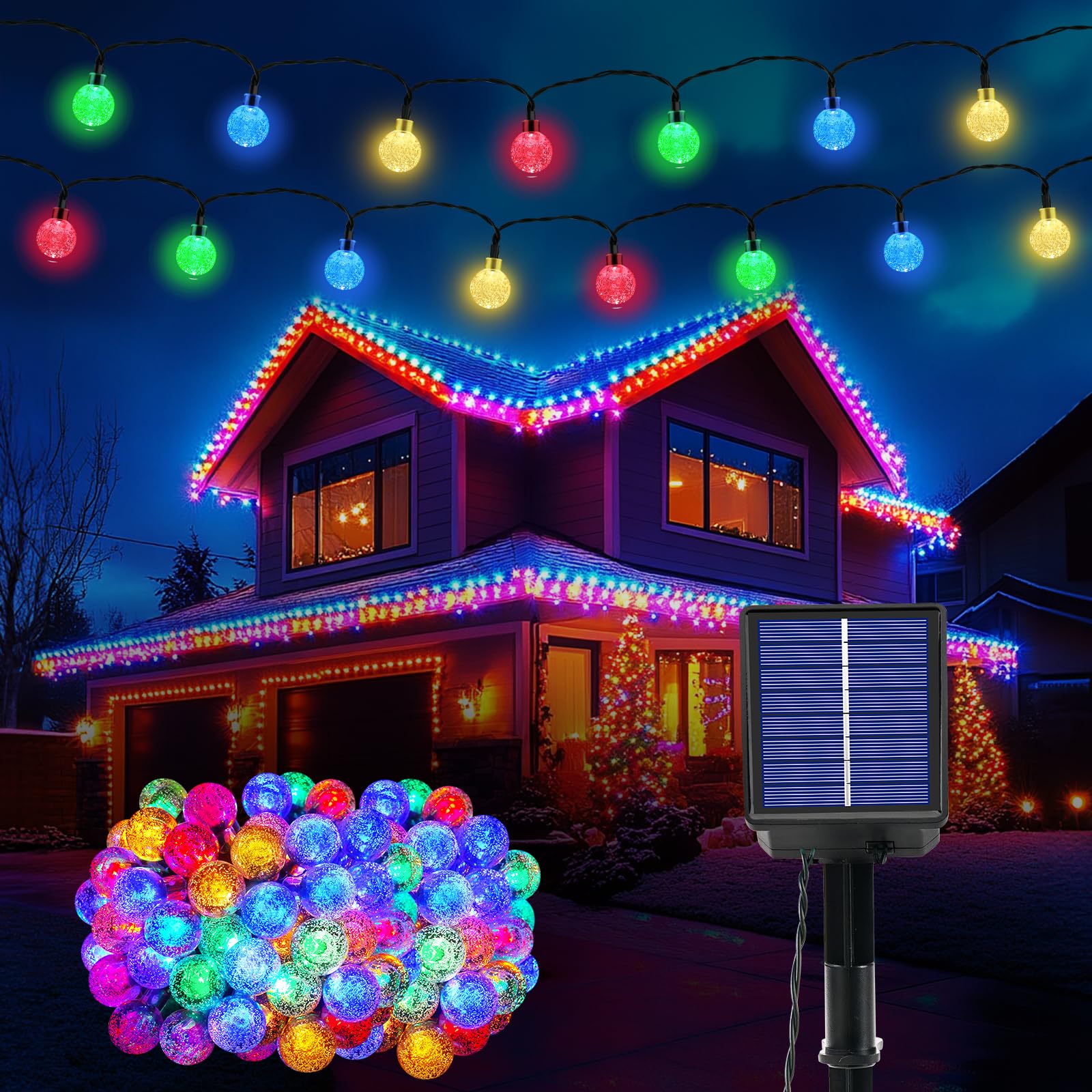 Realky Solar Garden Lights Outdoor, 59Ft 100LED Solar String Lights, Waterproof Fairy Light with 8 Modes, Crystal Ball Decor for Easter, Yard, Parties(Memory Function+Multicolor)