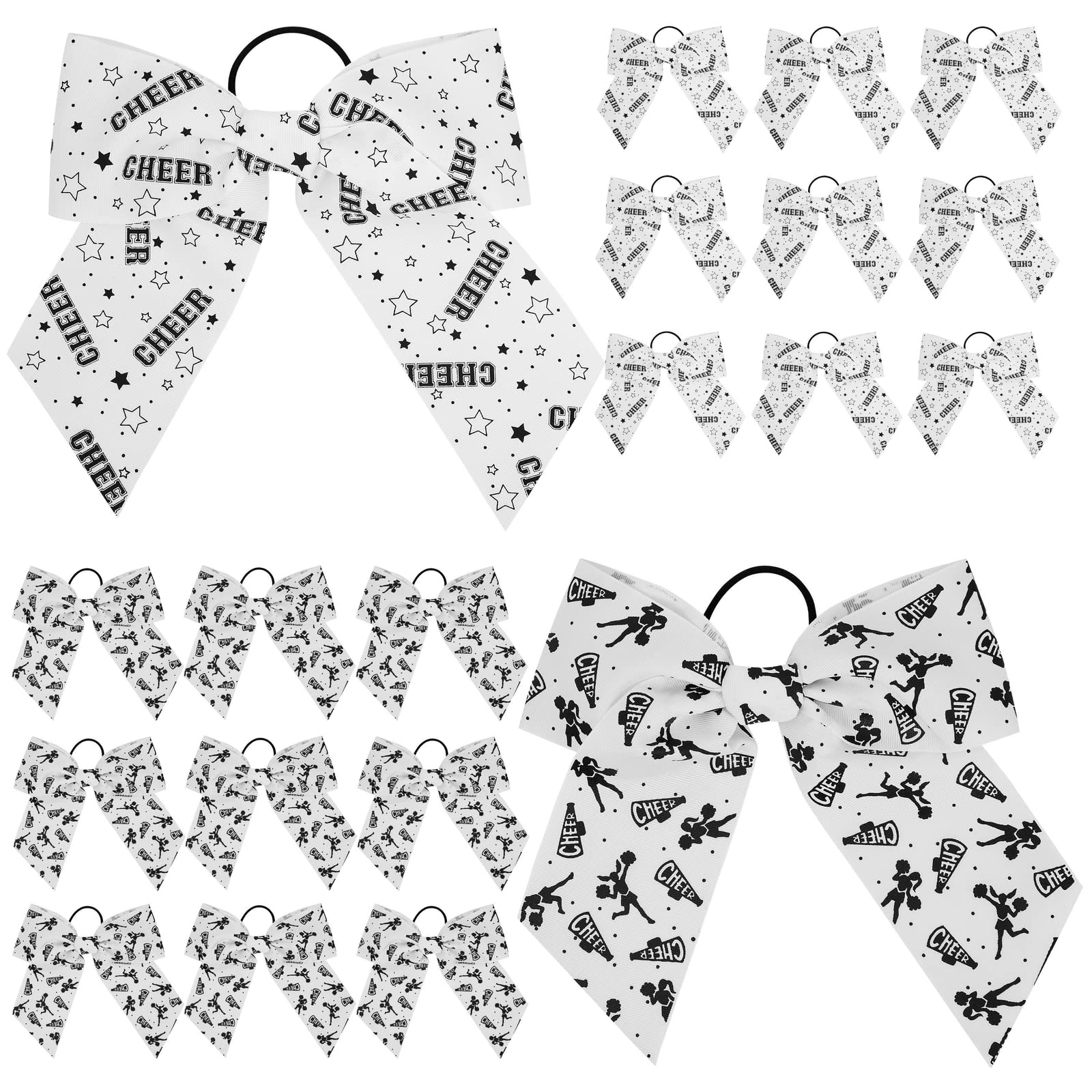 Okuna Outpost Cheer Bows for Cheerleaders & Gymnastics Ribbons for Hair - 3 x 8 in (20 Pack, White & Black) - Pre-Tied Elastic Ponytail Holders -