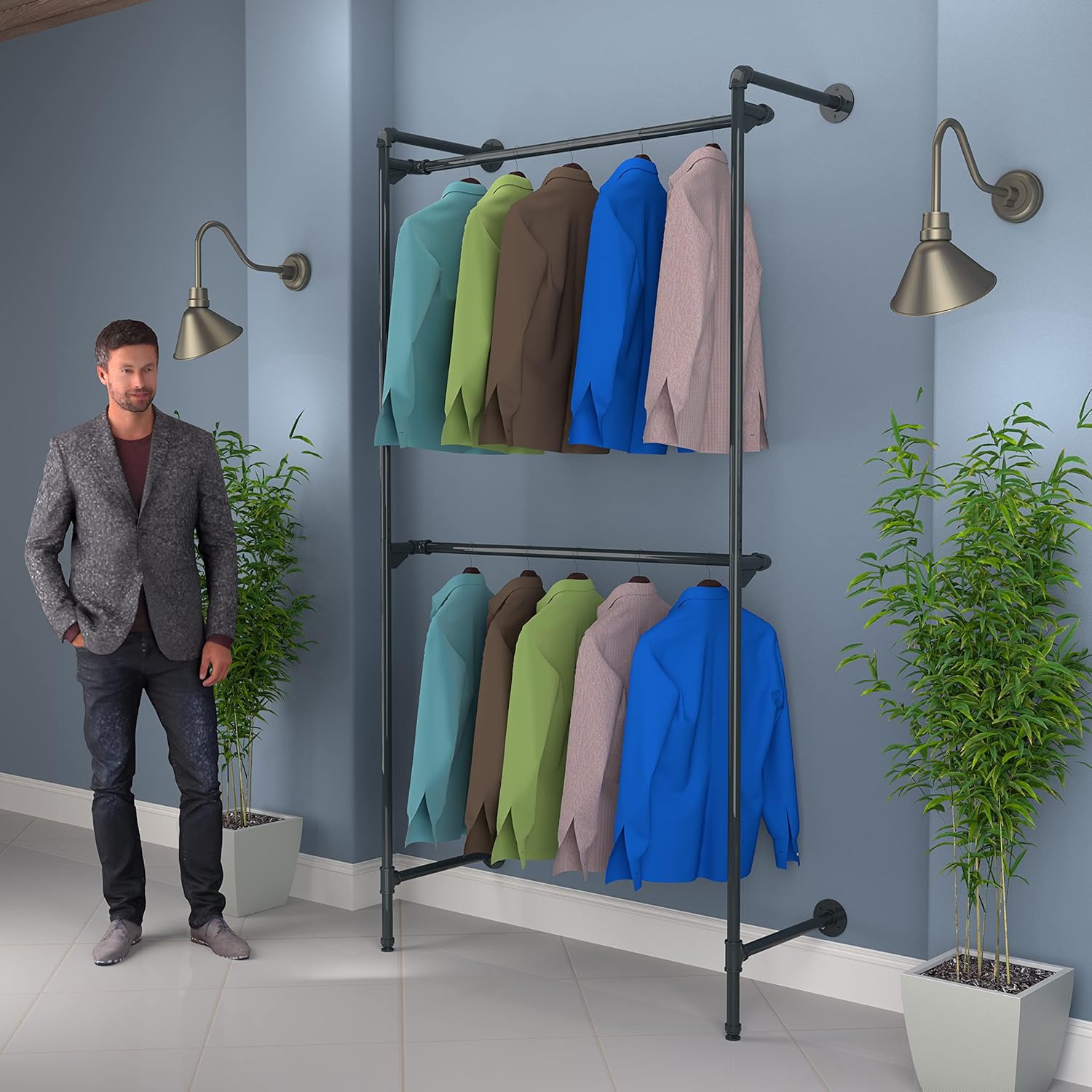 Econoco Brand Pipeline Outrigger Wall Display with Double Hang Bars - Anthracite Grey