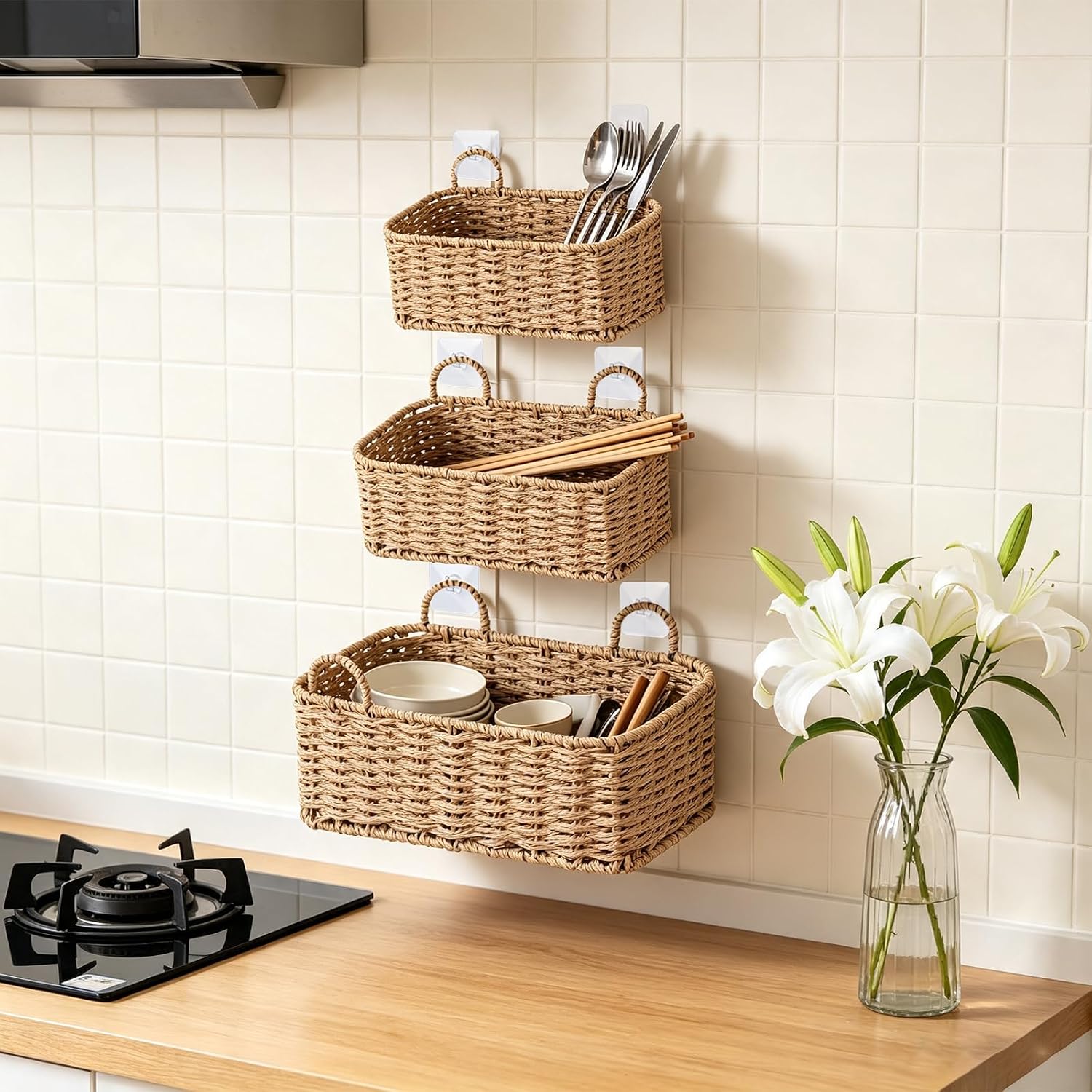 3 Sizes Boho Style Rattan Woven Wall Hanging Baskets for Organizing