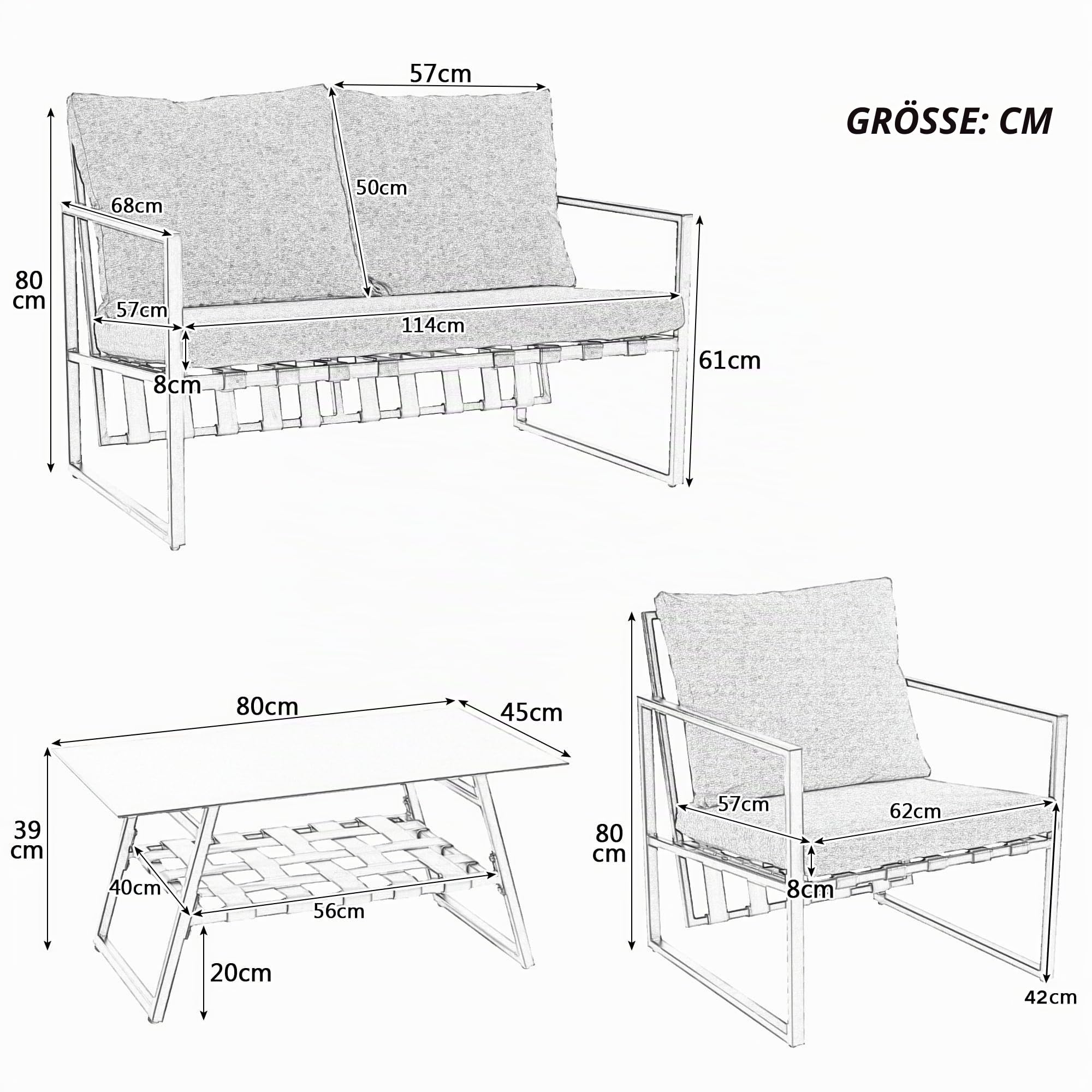 4 Sitzer Lounge Möbel Outdoor mit Couchtische, 2 Sessel, Schwarz | Garten Loungemöbel Set mit Doppelsofa, Gartenlounge Outdoor, Balkon Sofa, Abnehmbarer und Waschbarer Stoffbezug, Schwarz