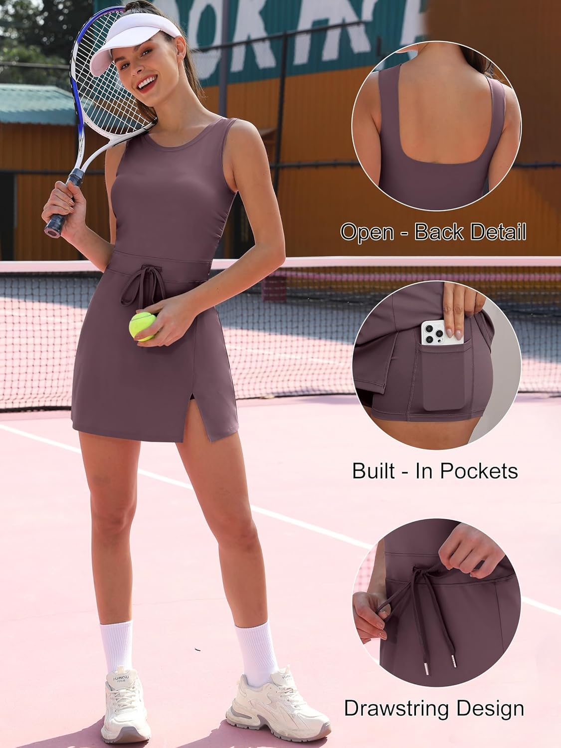 Caracilia Women Athletic Dress Tennis Active Workout Sleeveless Fitted Slit Summer Mini Golf Romper Dresses Built in Shorts - Image 5