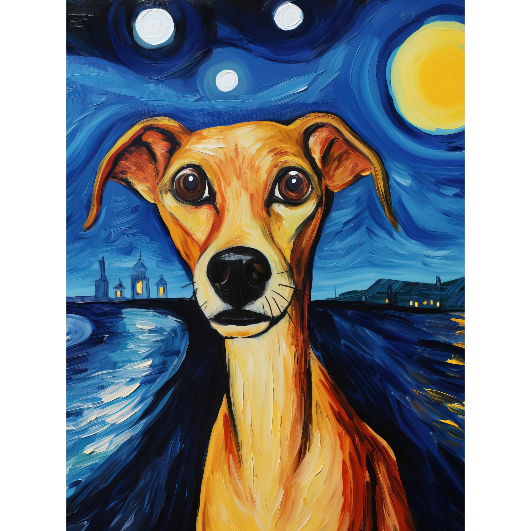 Artery8 Van Gogh Dog Artwork Night Scene Full Moon Oil Painting Poster 18" x 24" Blue