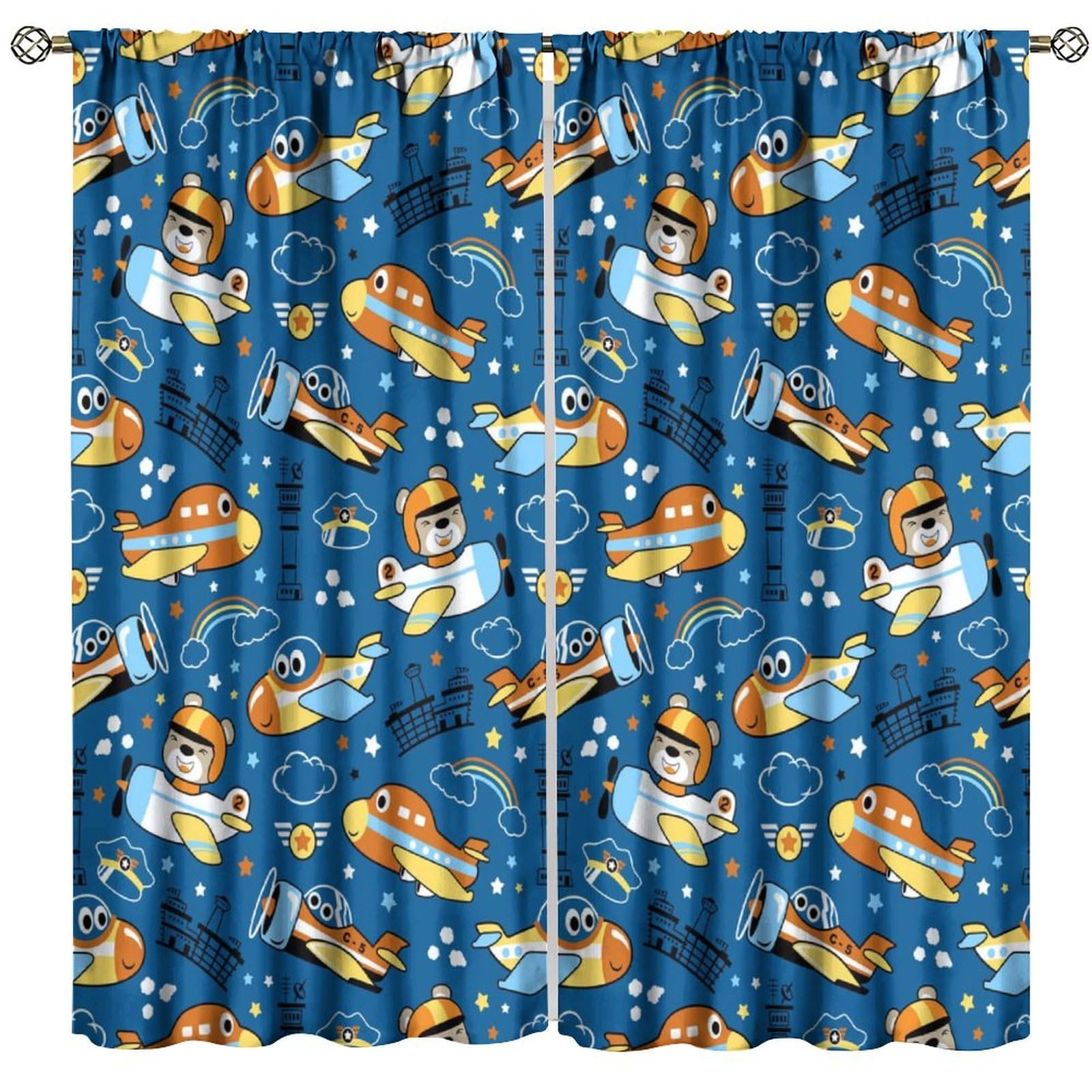 SENQIAN Kids Cartoon Airplane Curtains Colorful Aircraft Rainbow Star Art Printed Rod Pocket Blackout Window Drapes for Boys Girls Bedroom Nursery