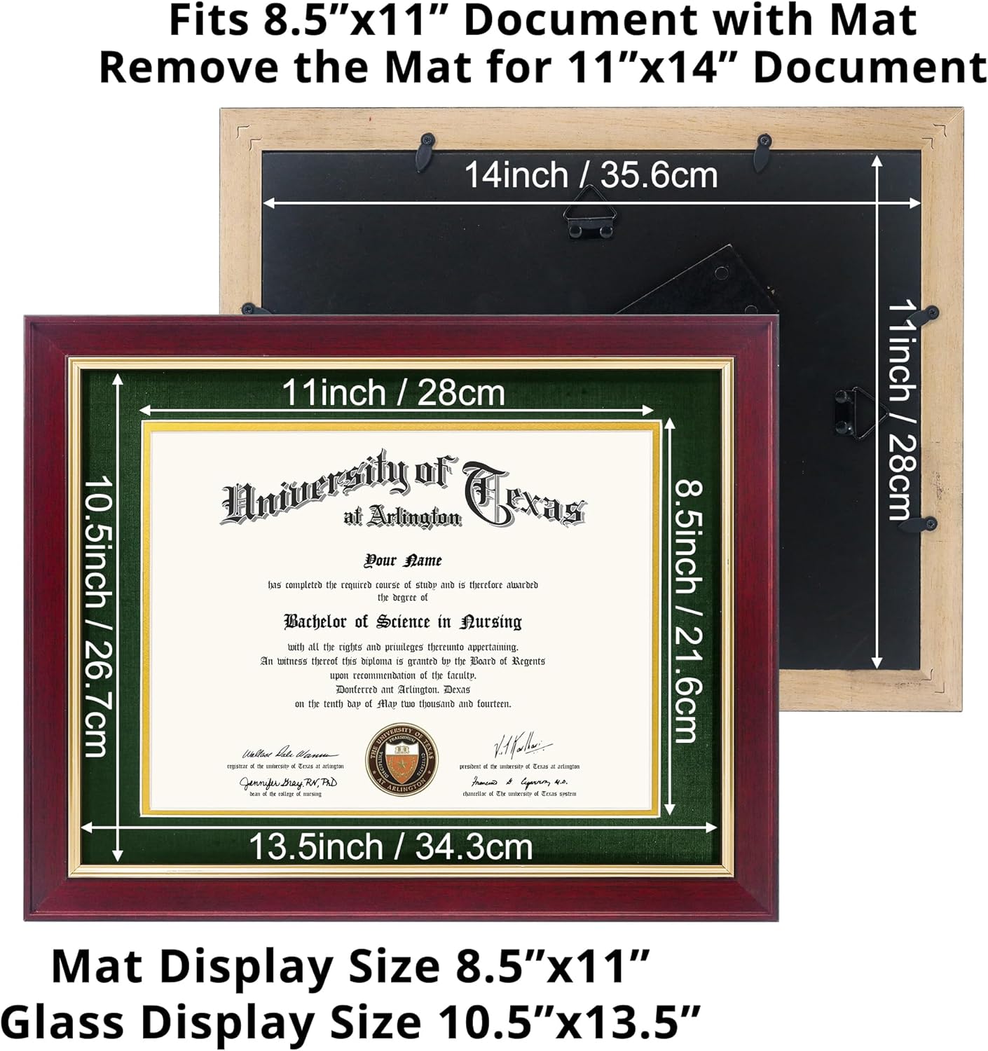 GMFrames 8.5x11 Wood Diploma Frame with Green Mat or Display 11x14 Certificates without Mat,Tempered Glass,Cherry Finish with Gold Trim