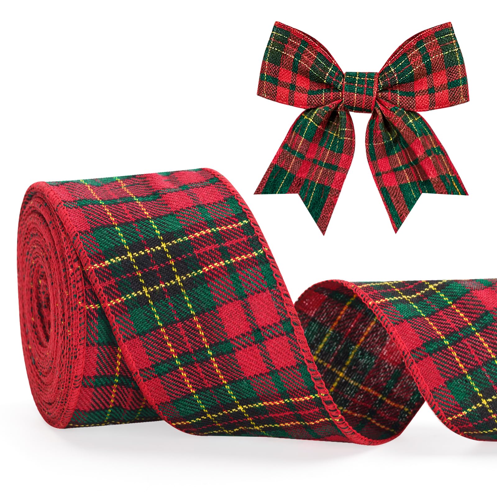 KINGLAKE Tartan Wired Ribbon, 10M 2.5 Inch Wide Green Red Plaid Christmas Burlap Ribbon, Xmas Wired Ribbons for Wreath Bows Making, Christmas Tree Decorations, Gift Wrapping, Crafts — image 1