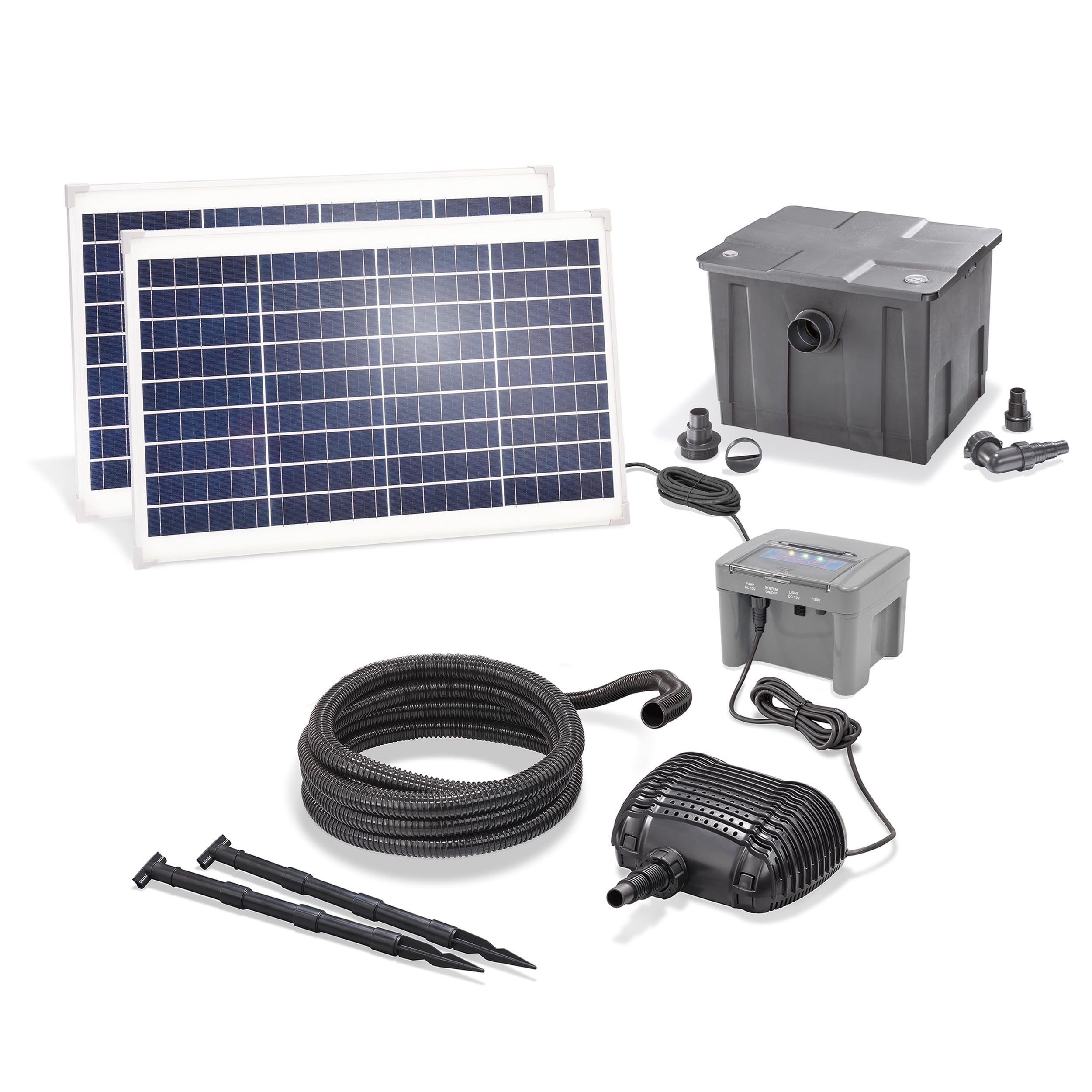 Esotec Solar Teichfilter mit Akku 70/2800, Solar Teichfilterset mit 2800 l/h Teichpumpe Solar Durchlauffilter, 2x35Wp, 12Ah LiFePO4 101091