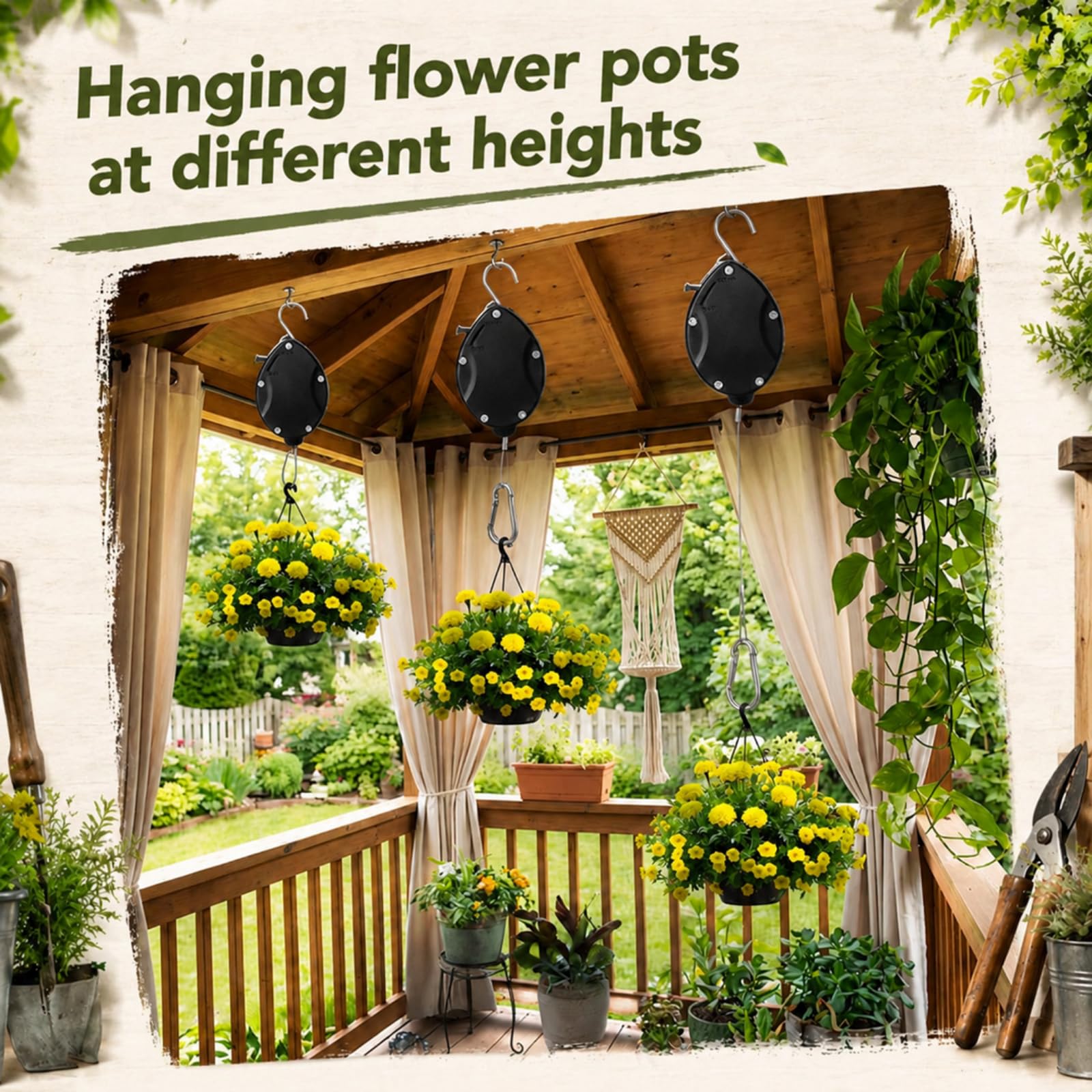 Flutesan Lot de 6 cintres rétractables avec 6 crochets de plafond en métal, poulies pour plantes suspendues, verrouillage automatique, crochets réglables pour panier de jardin, mangeoire à oiseaux et