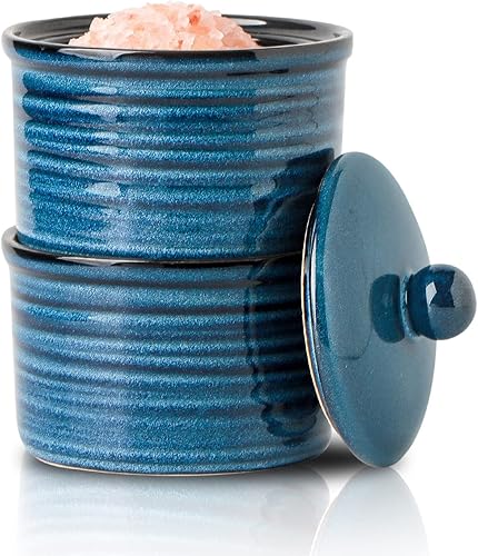 Hasense Salero de cerámica con tapa, cuencos de sal y pimienta de 9 onzas, caja de sal apilable para encimera de cocina, decoración de cocina azul