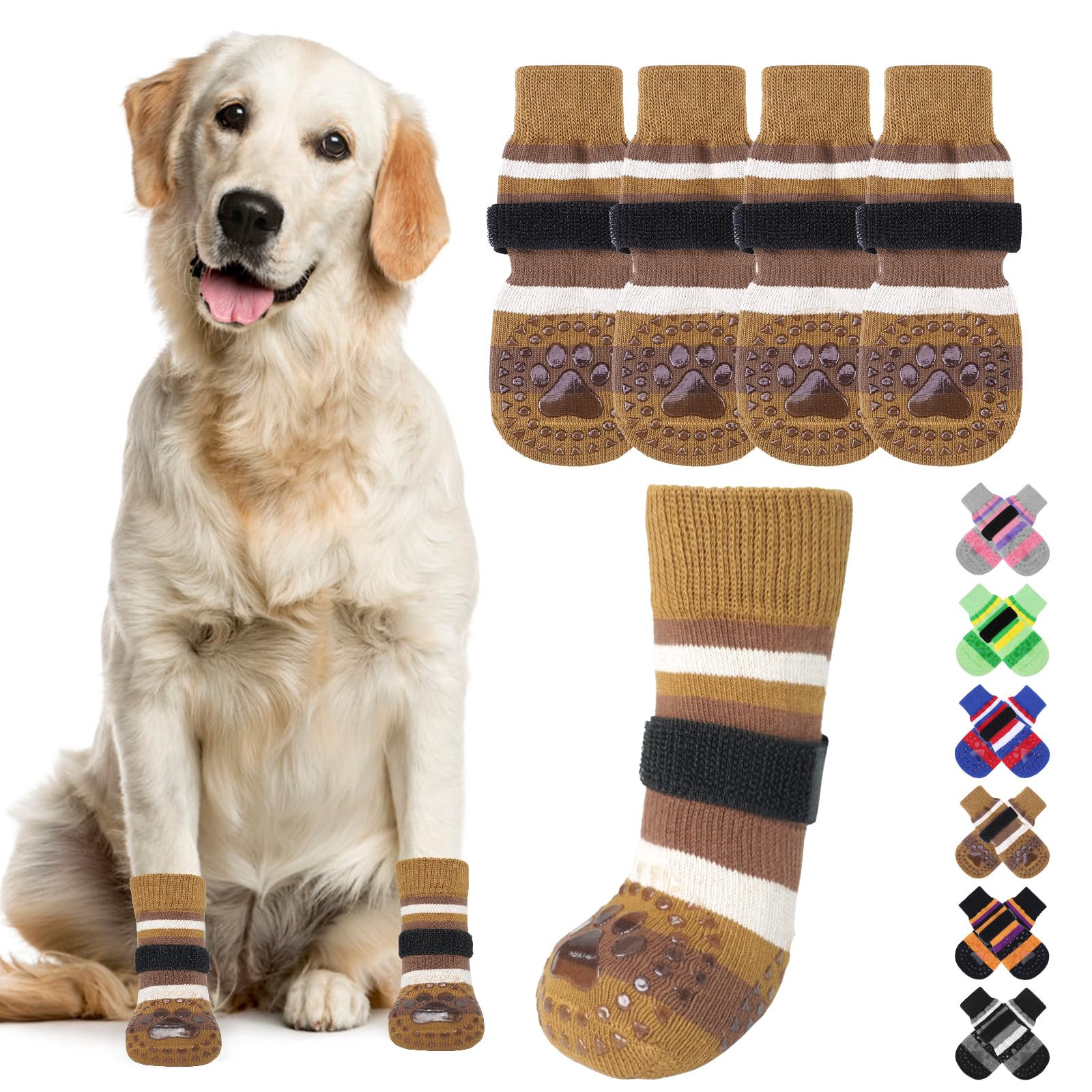 KOOLTAIL Anti Slip Dog Socks for Hardwood Floors to Prevent Licking Paws with Grippers, 2 Pairs Paw Protector, Double Sides Stripe Dog Shoes Toe Grips for Small Medium Large Senior Dogs M